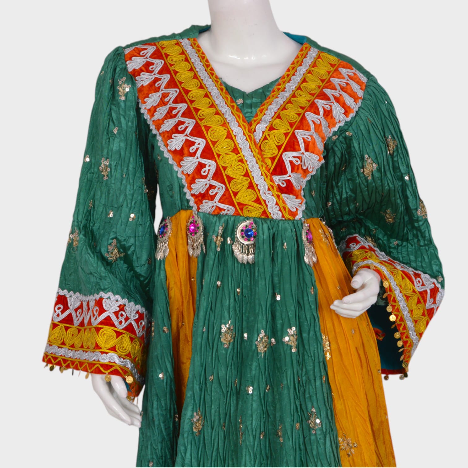 Green & Yellow Traditional Afghani Dress with Embellished Panels and Mirror Accents