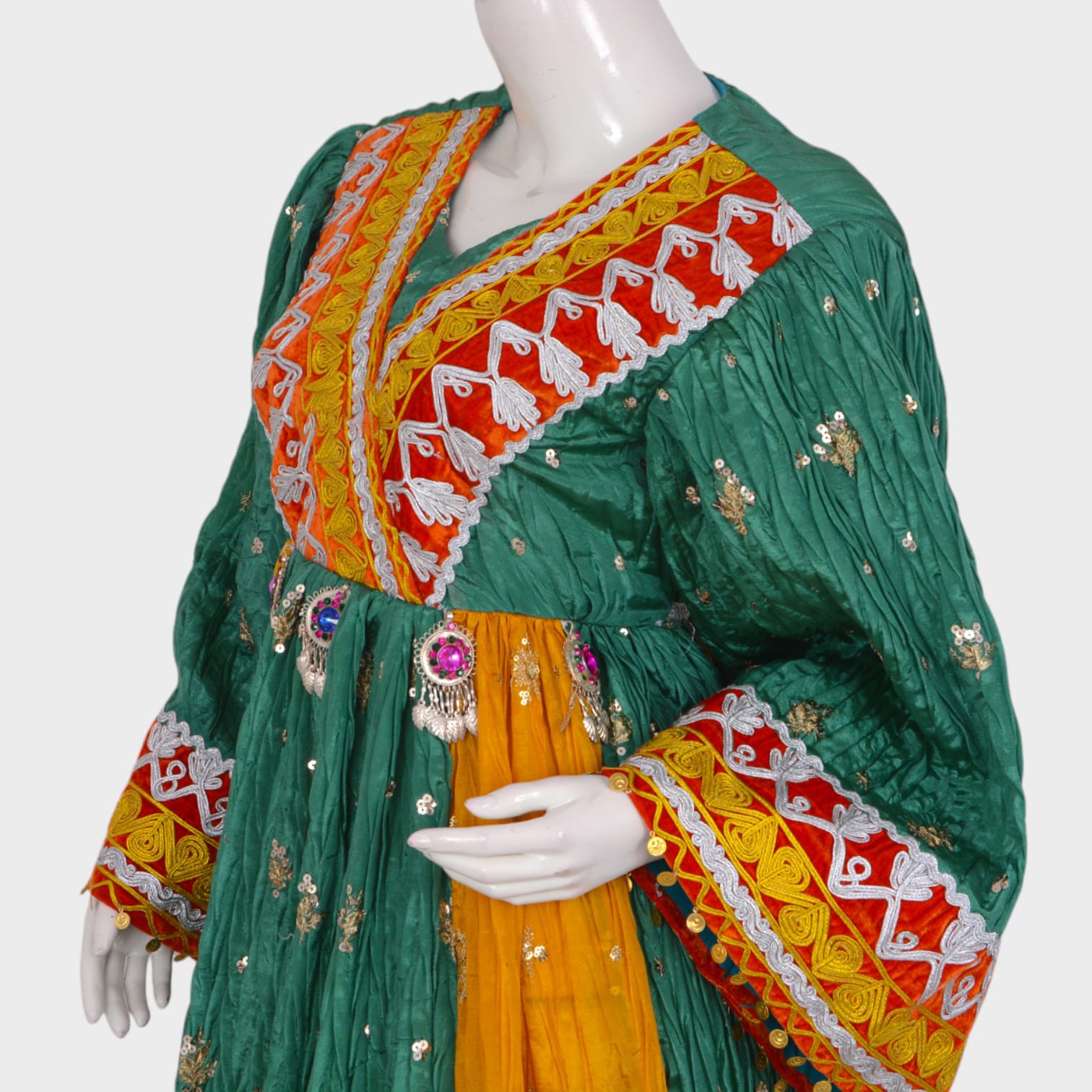 Green & Yellow Traditional Afghani Dress with Embellished Panels and Mirror Accents