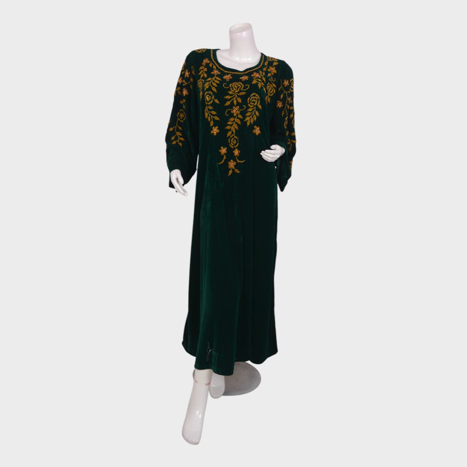 Emerald Green Velvet Afghani Dress with Golden Floral Embroidery