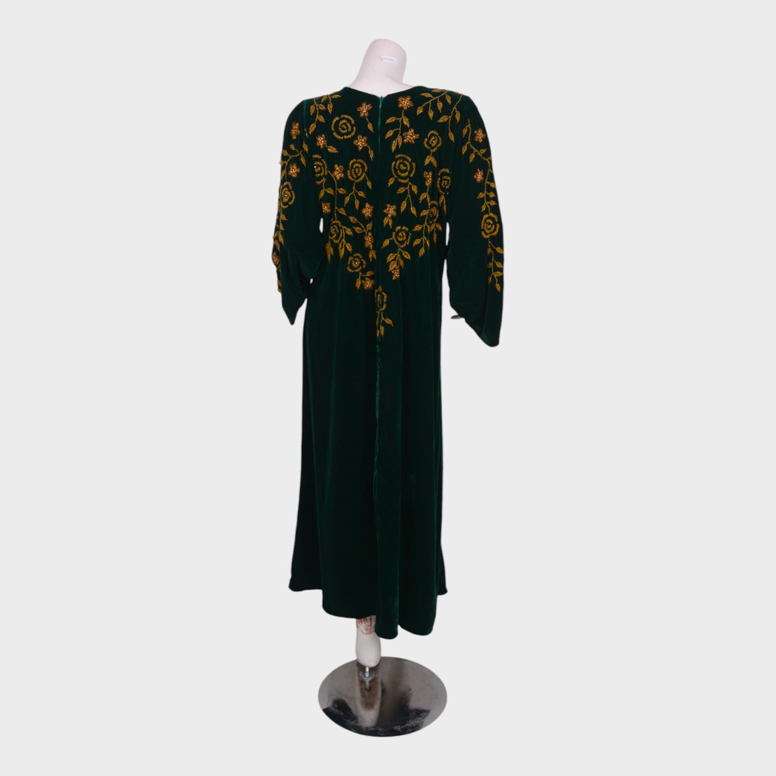 Emerald Green Velvet Afghani Dress with Golden Floral Embroidery