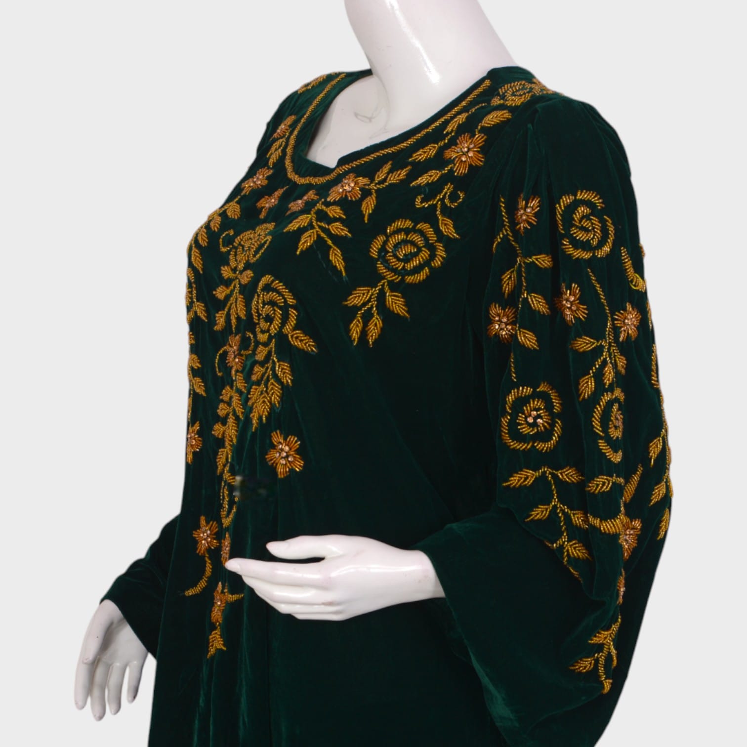 Emerald Green Velvet Afghani Dress with Golden Floral Embroidery