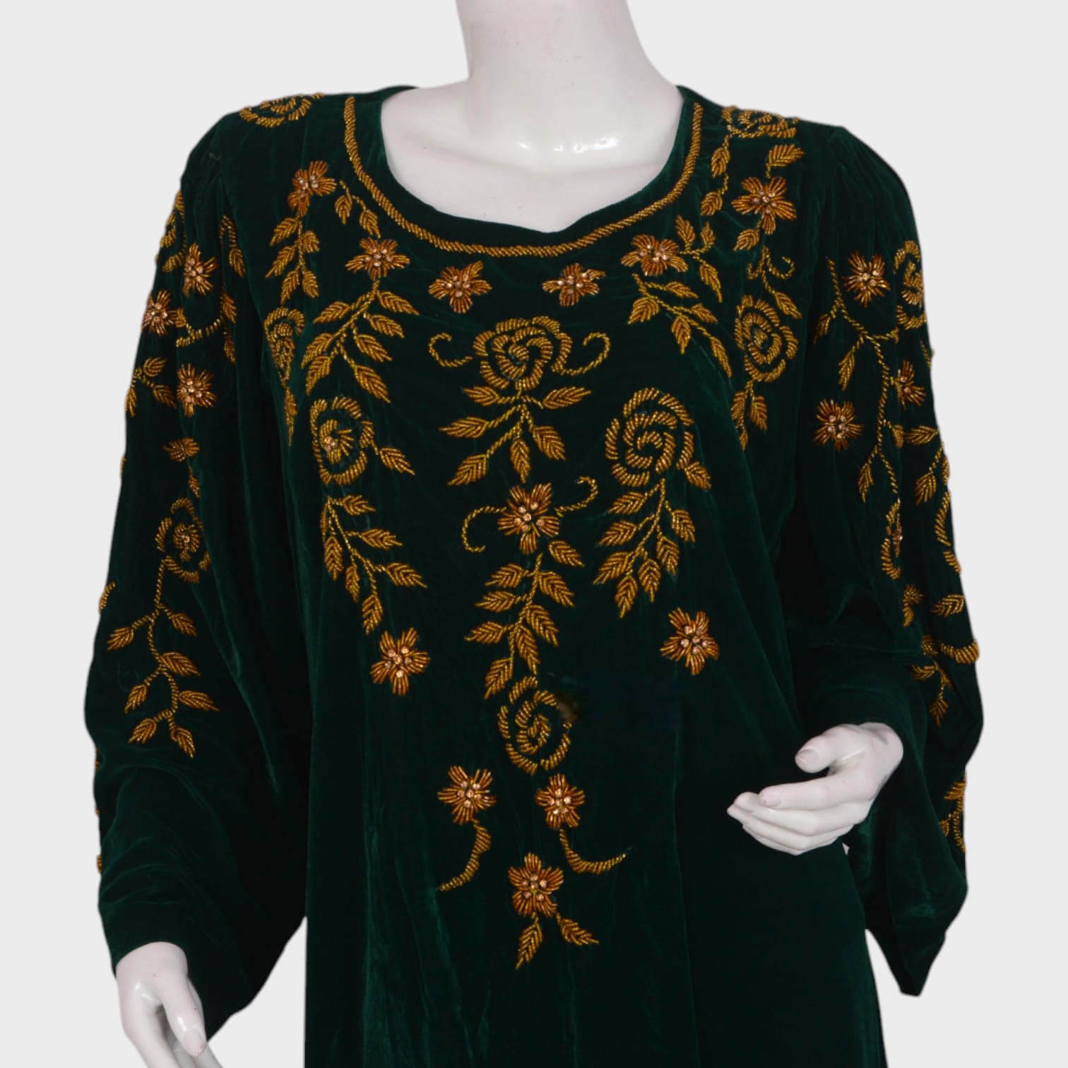 Emerald Green Velvet Afghani Dress with Golden Floral Embroidery