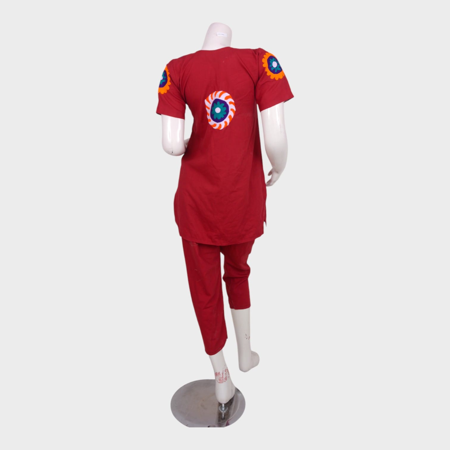 Red Afghani Cotton Suit with Colorful Floral Embroidery