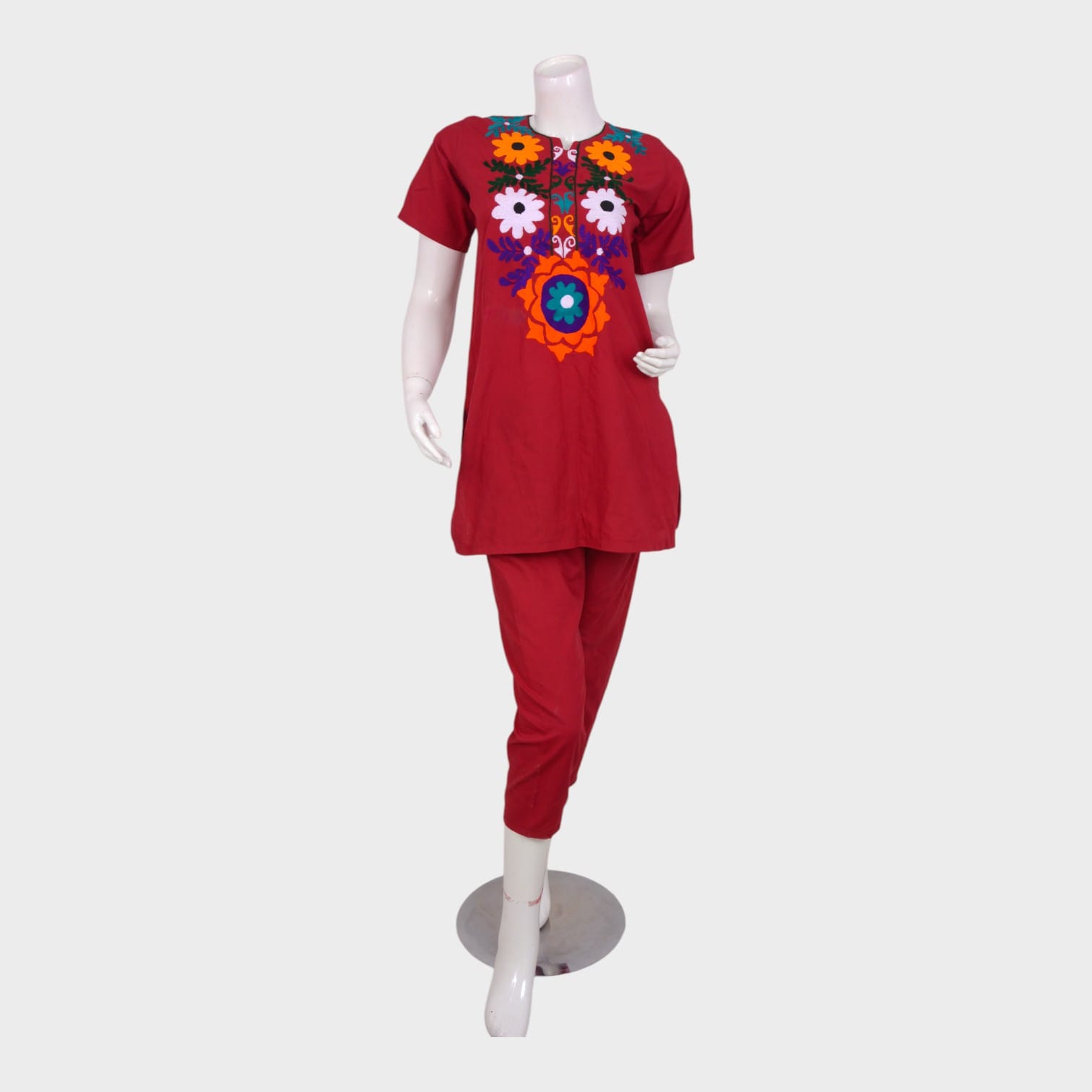 Red Afghani Cotton Suit with Colorful Floral Embroidery