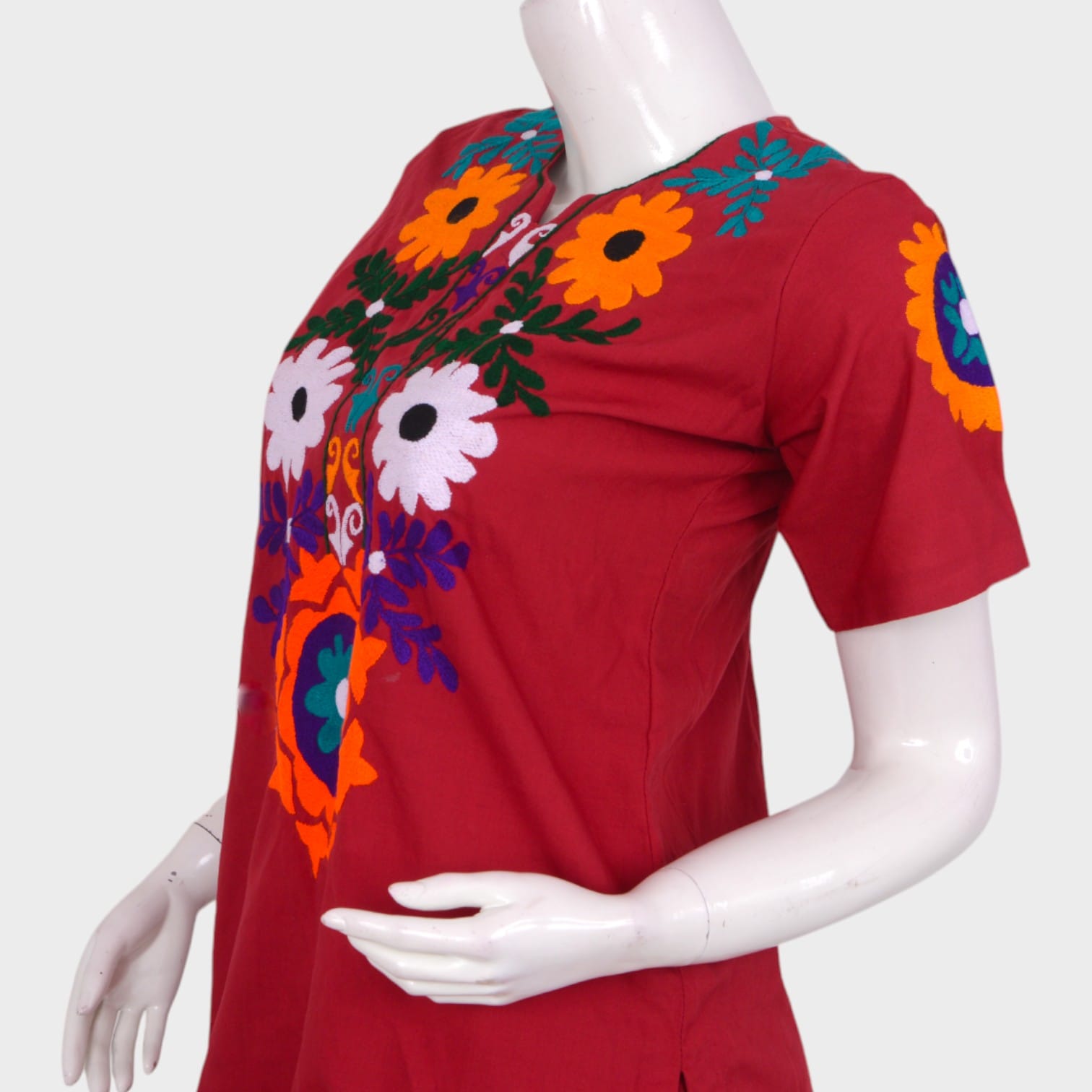 Red Afghani Cotton Suit with Colorful Floral Embroidery