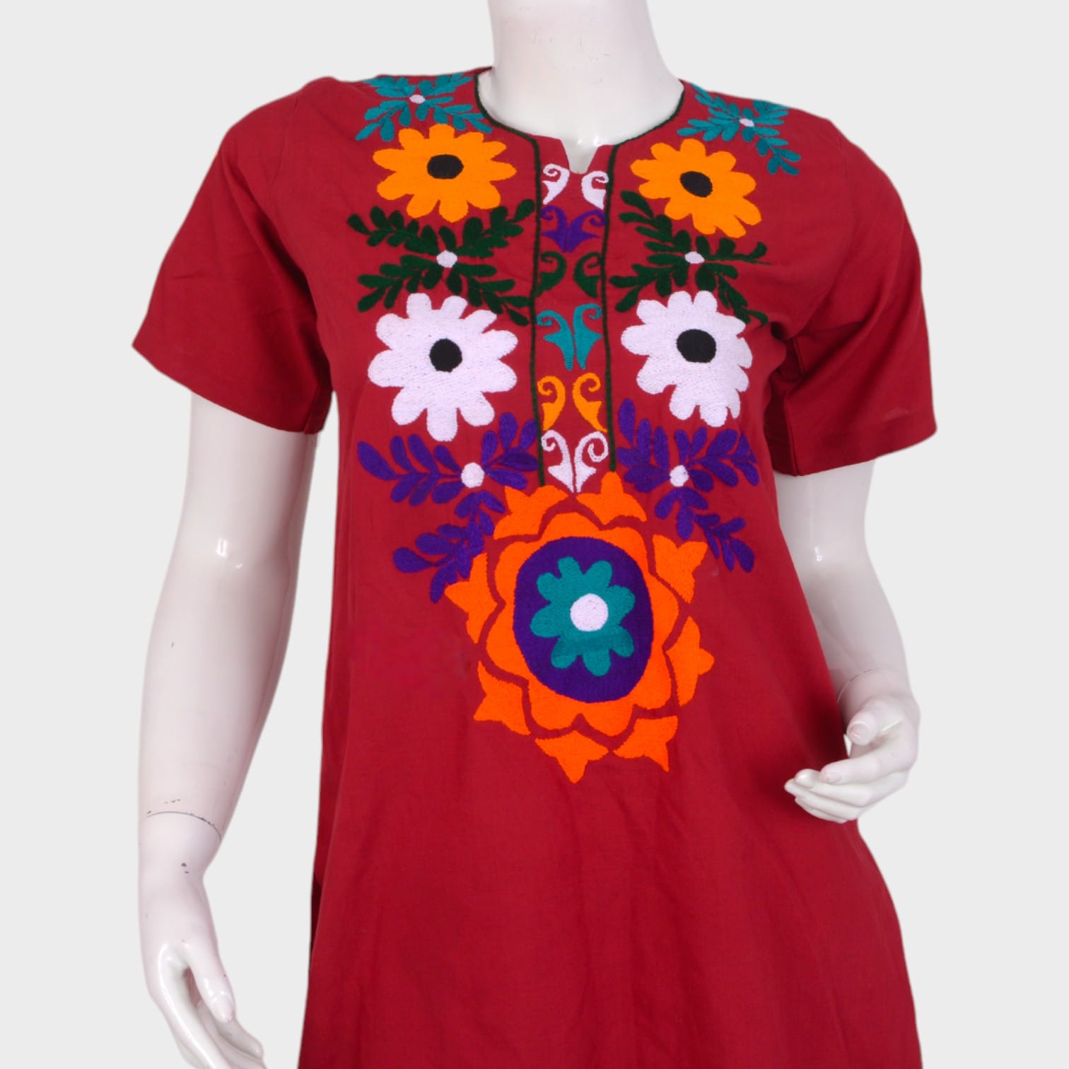 Red Afghani Cotton Suit with Colorful Floral Embroidery