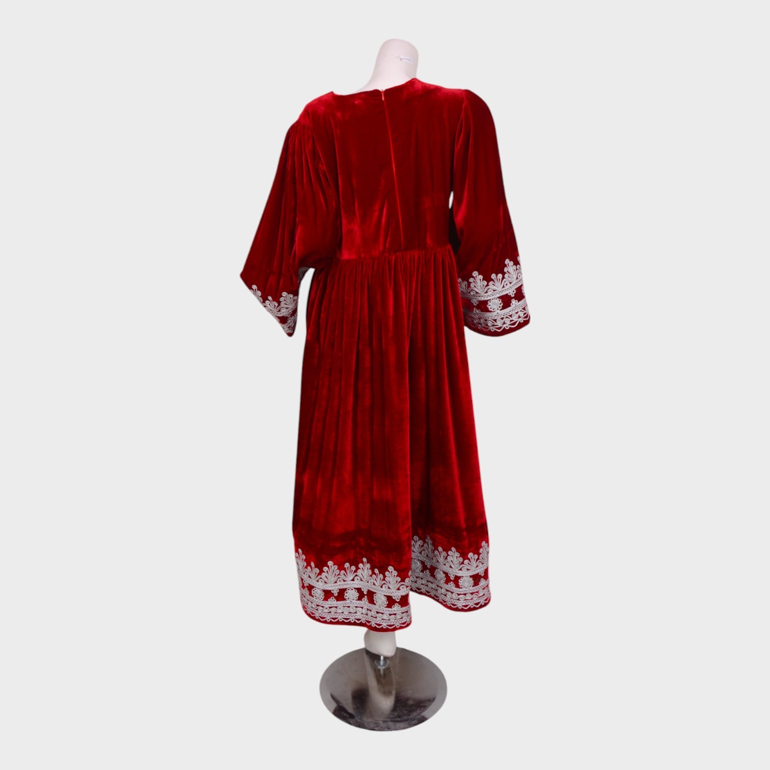 Classic Red Velvet Afghani Dress with White Embroidery