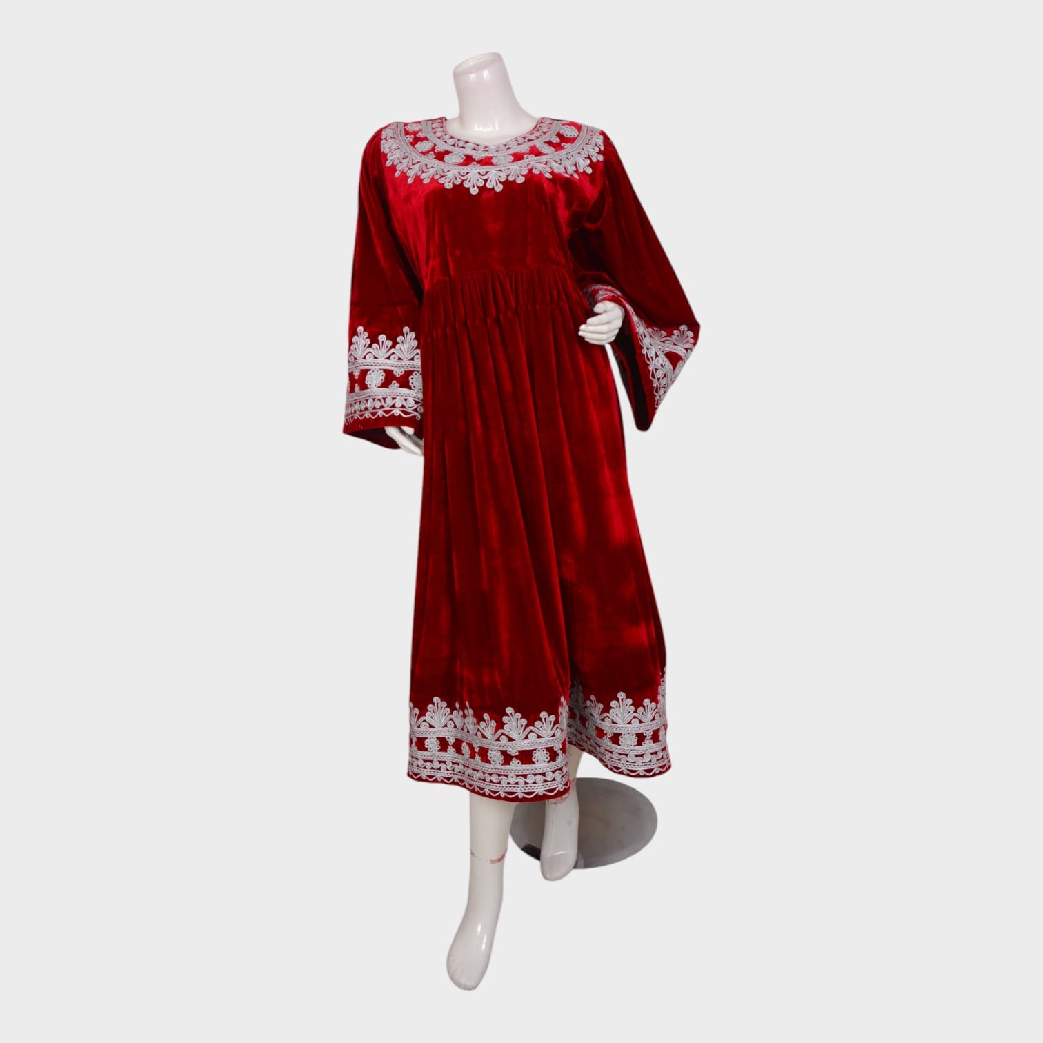Classic Red Velvet Afghani Dress with White Embroidery