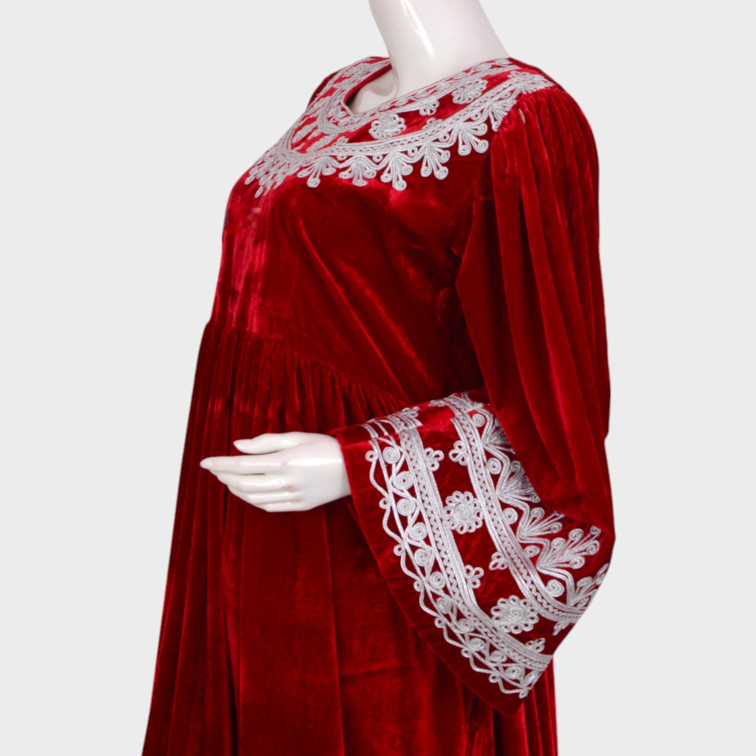 Classic Red Velvet Afghani Dress with White Embroidery