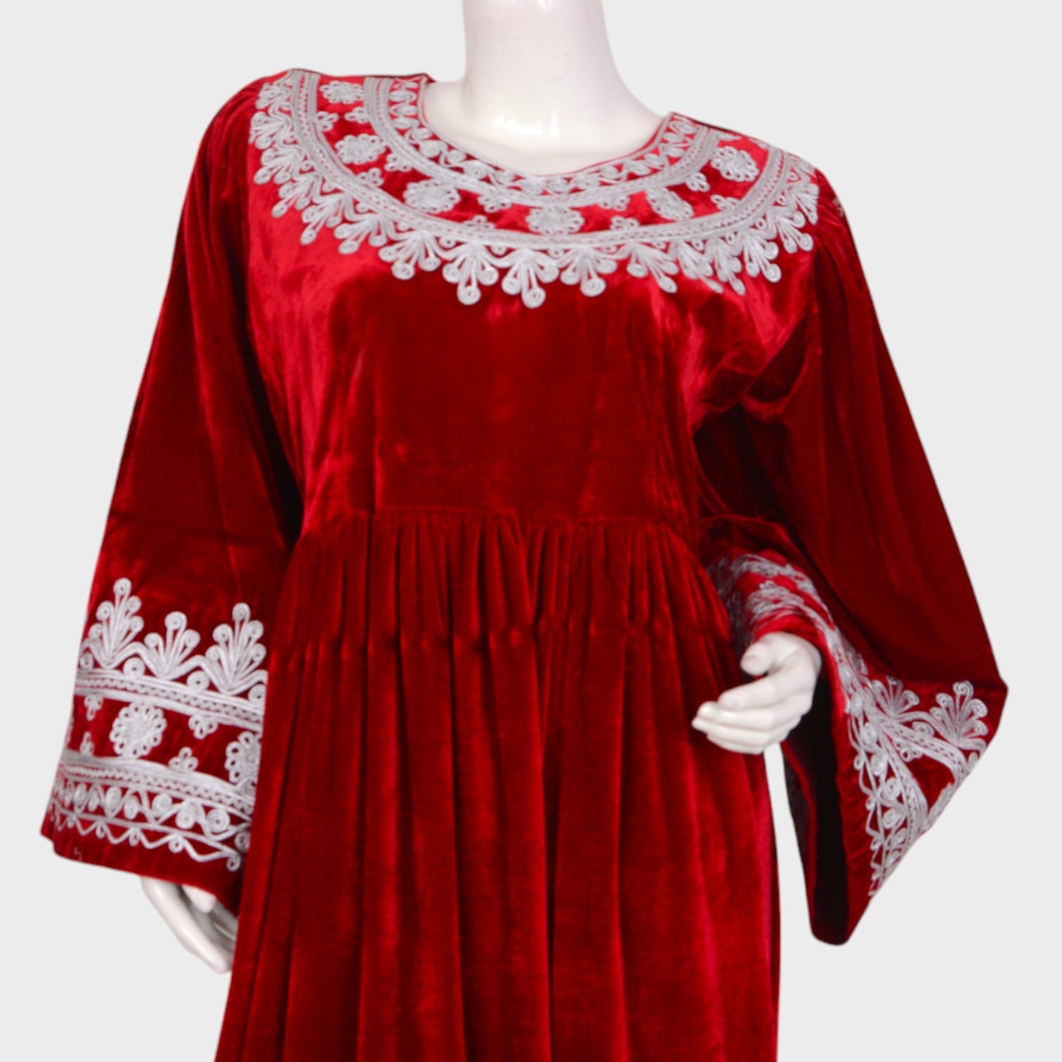 Classic Red Velvet Afghani Dress with White Embroidery