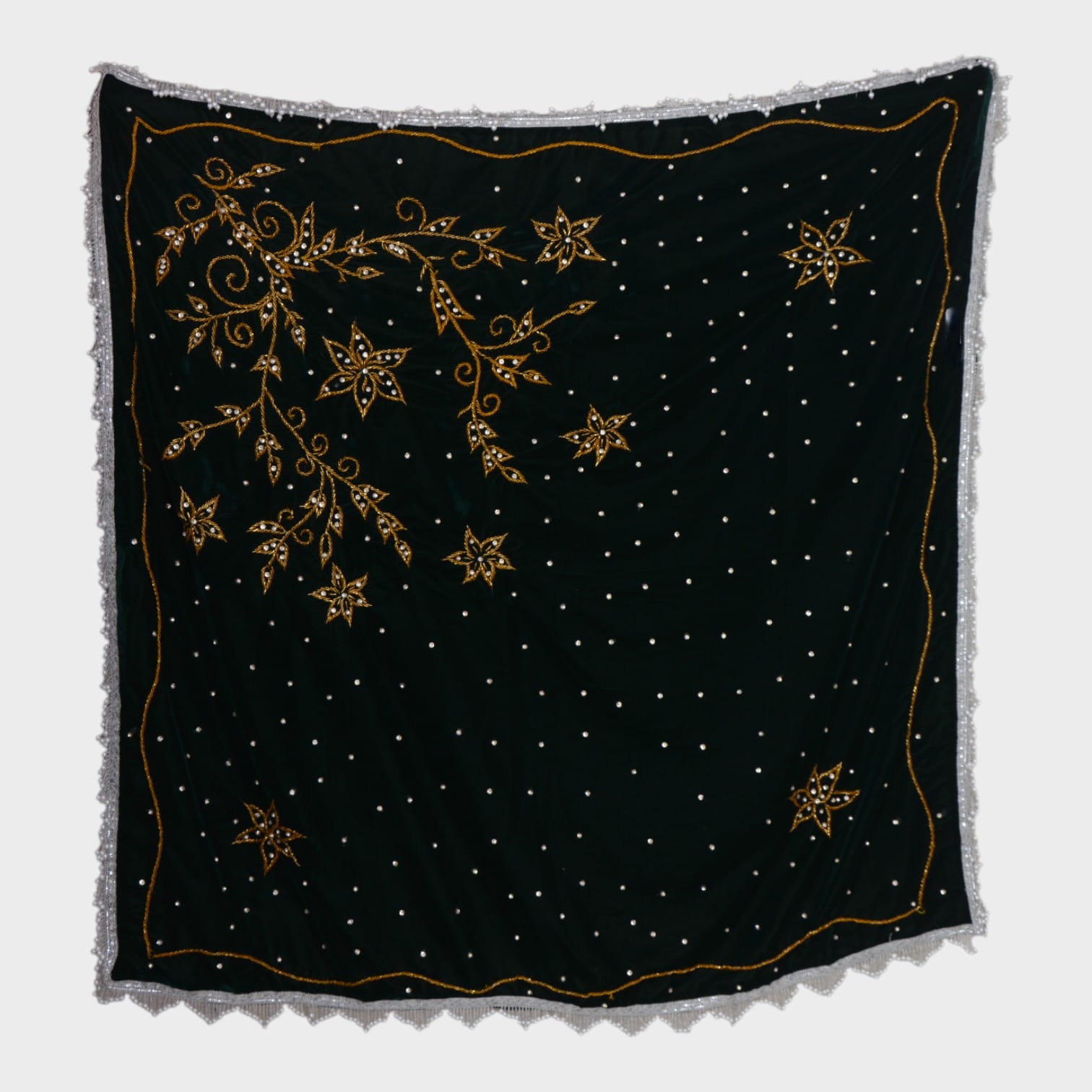 Black Velvet Afghani Shawl with Gold Floral Embroidery and Mirror Accents