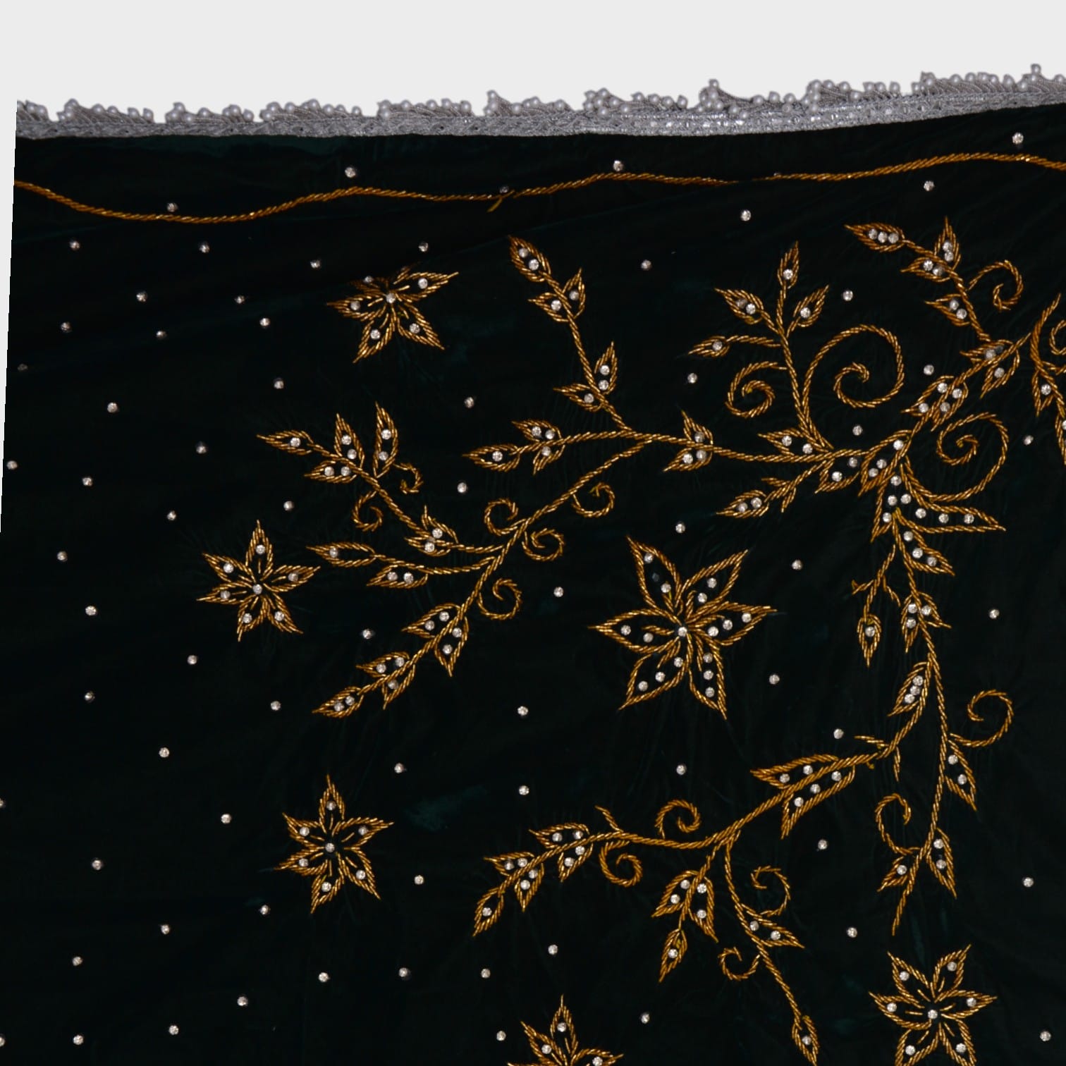 Black Velvet Afghani Shawl with Gold Floral Embroidery and Mirror Accents