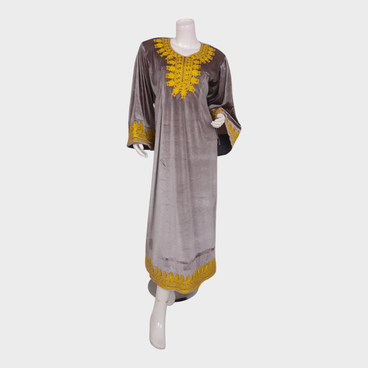 Grey Velvet Afghani Dress with Golden Embroidered Detailing