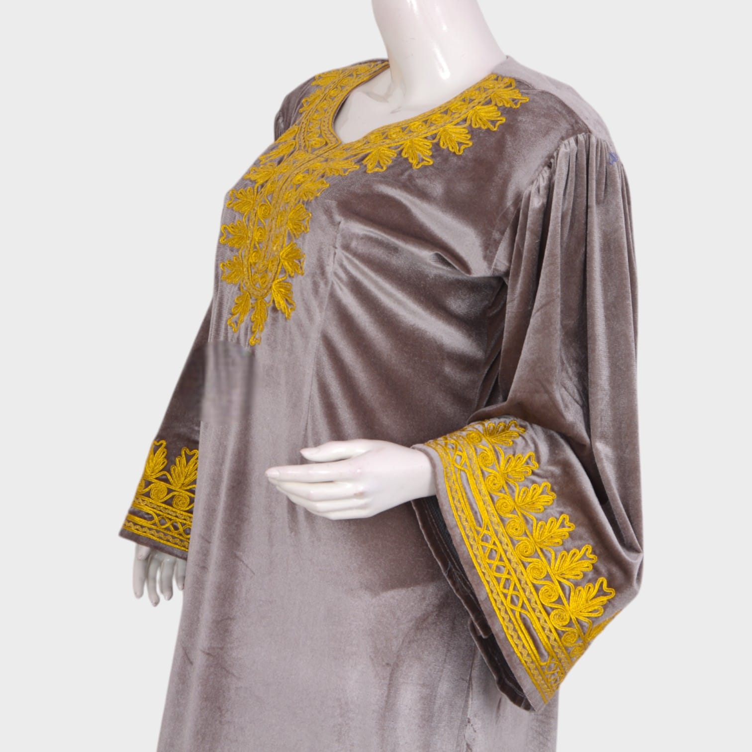 Grey Velvet Afghani Dress with Golden Embroidered Detailing
