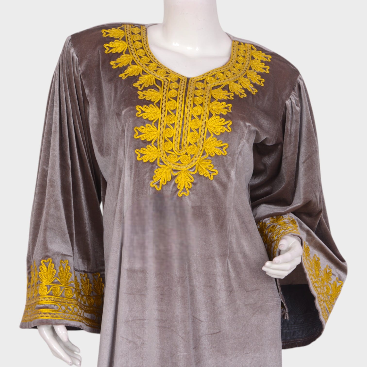 Grey Velvet Afghani Dress with Golden Embroidered Detailing