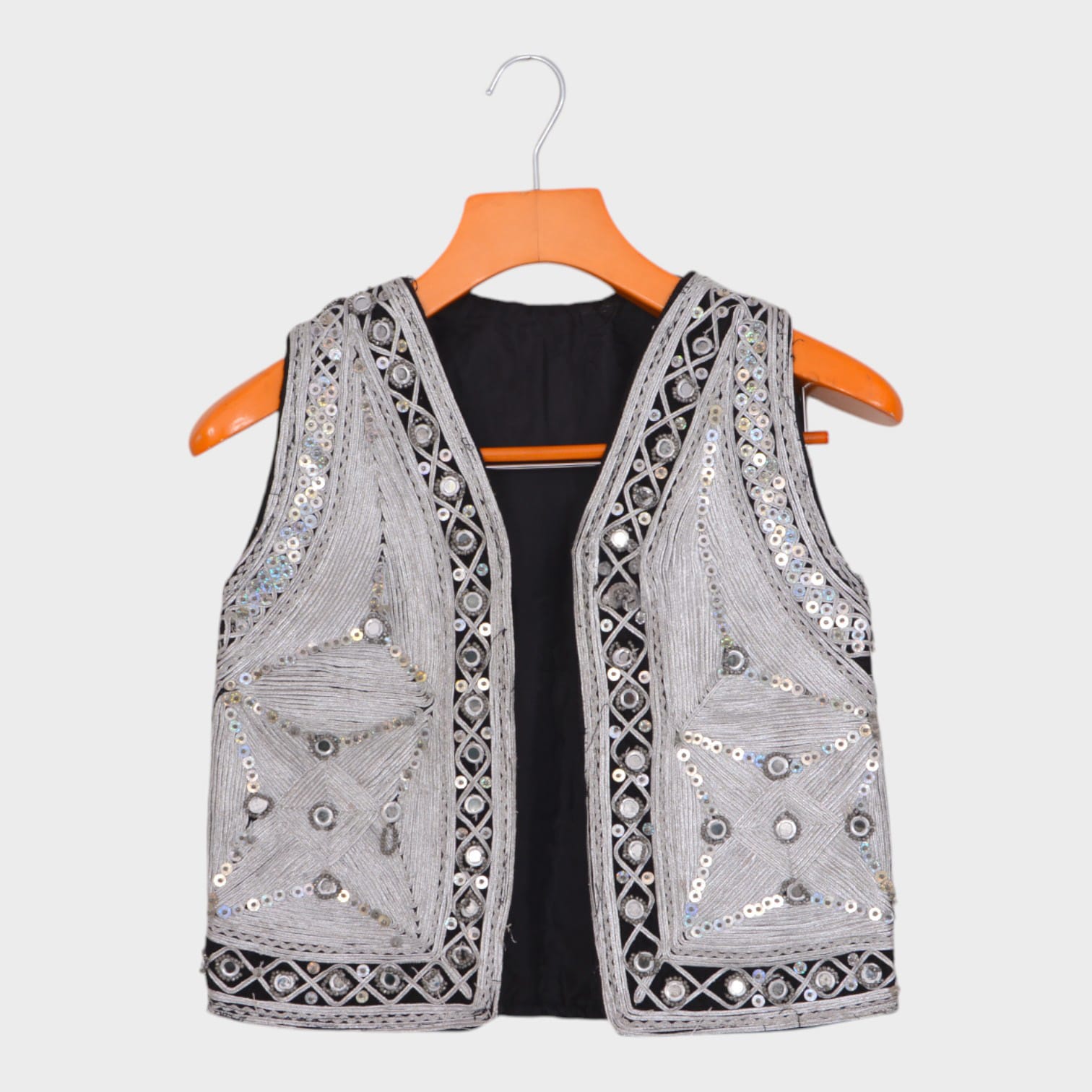 Traditional Afghani Mirror Work Vest in Black and Silver