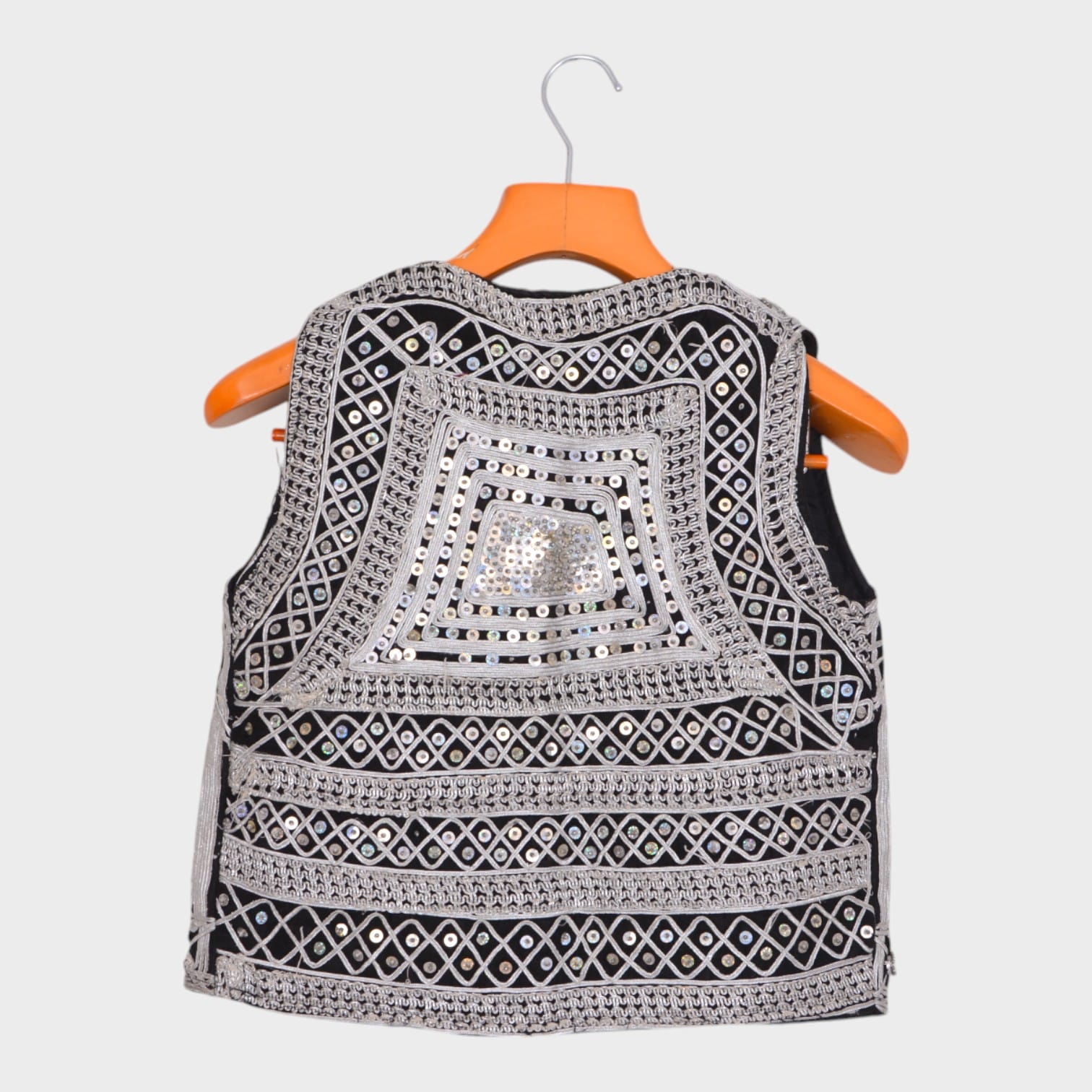 Traditional Afghani Mirror Work Vest in Black and Silver