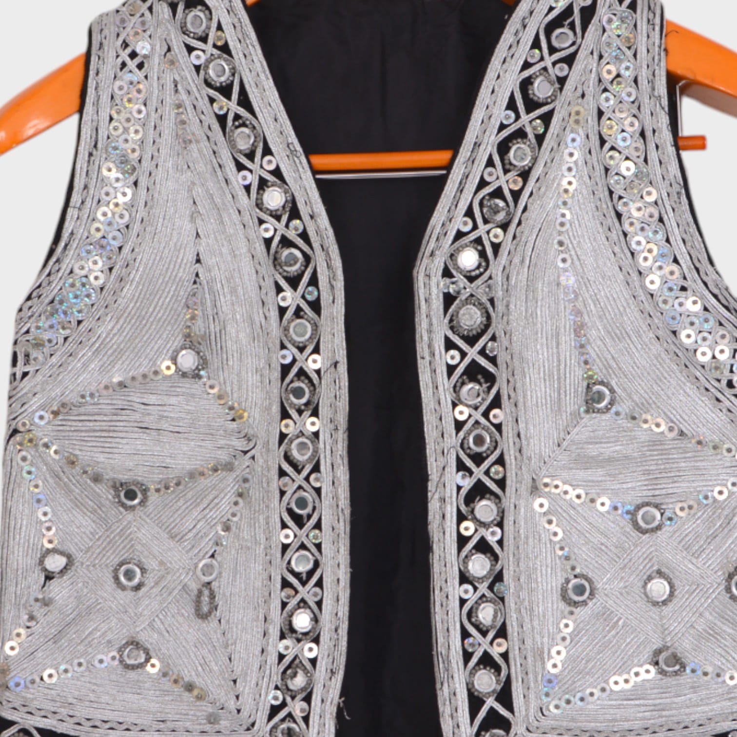 Traditional Afghani Mirror Work Vest in Black and Silver