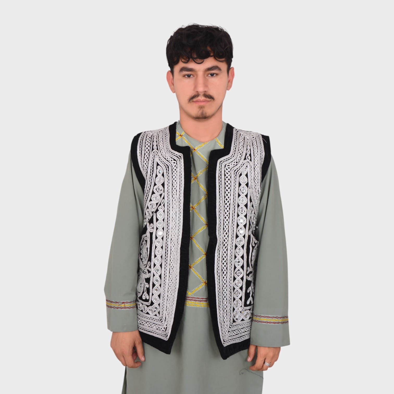 Traditional Afghani Men’s Waiscoat with White Embroidery on Black Velvet