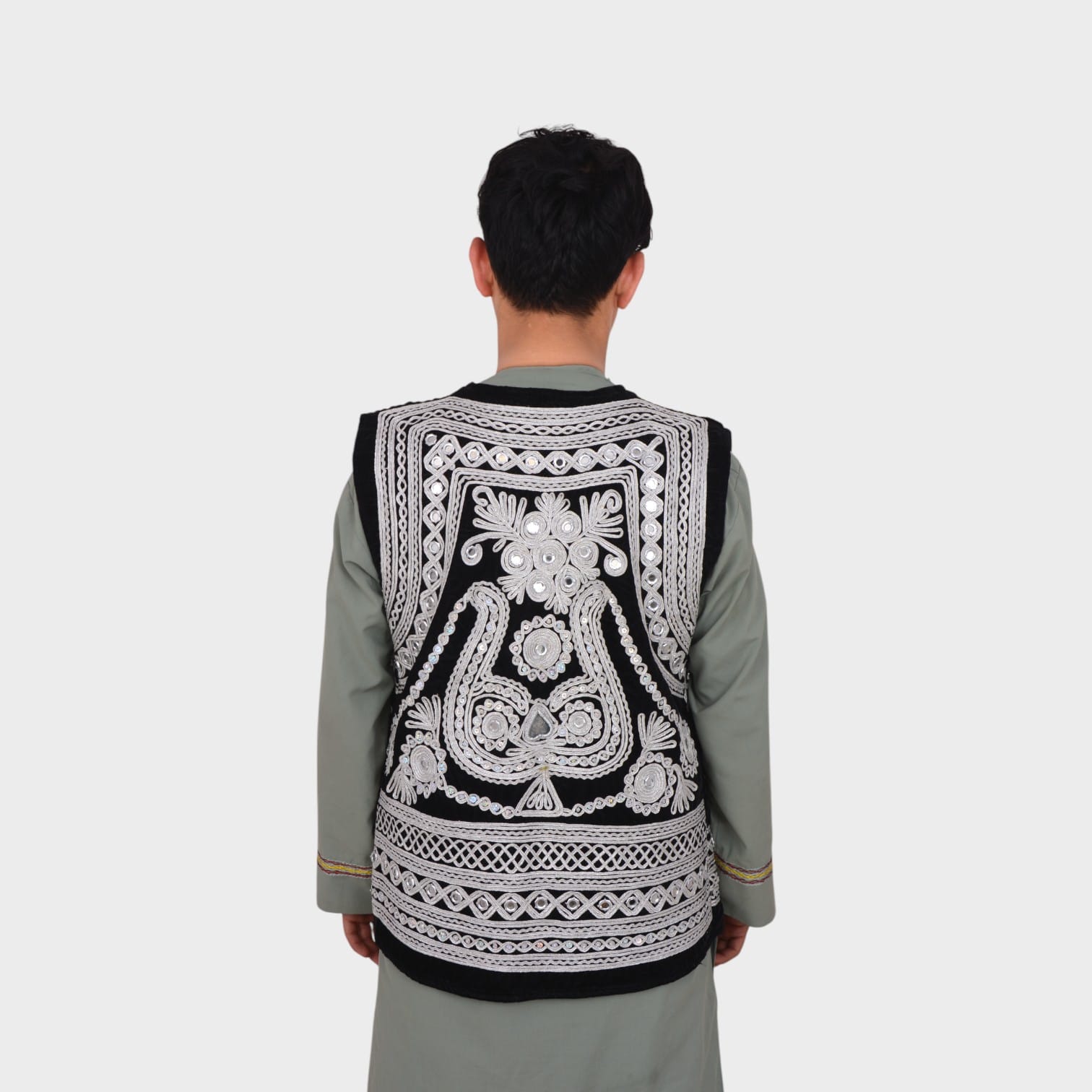 Traditional Afghani Men’s Waiscoat with White Embroidery on Black Velvet
