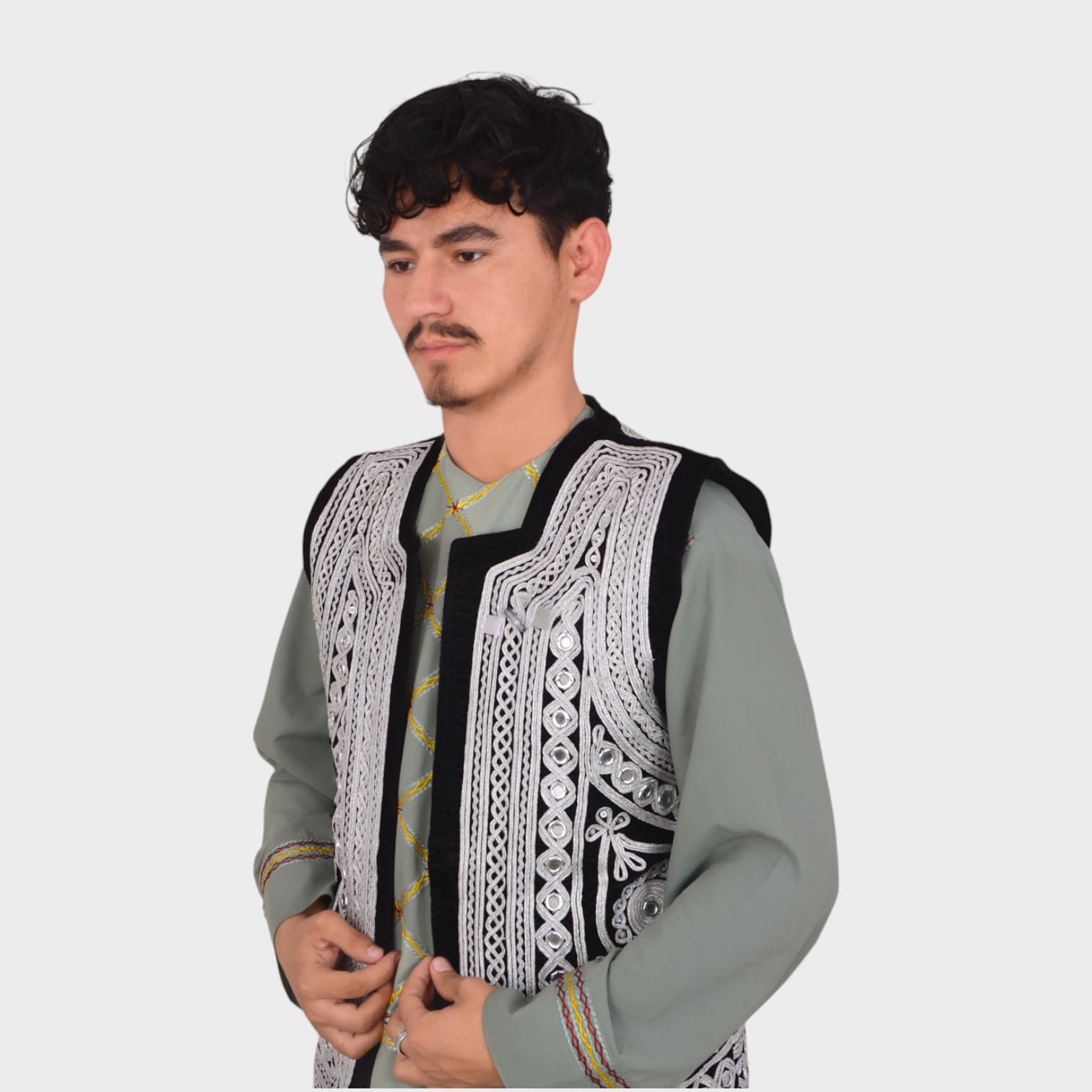 Traditional Afghani Men’s Waiscoat with White Embroidery on Black Velvet