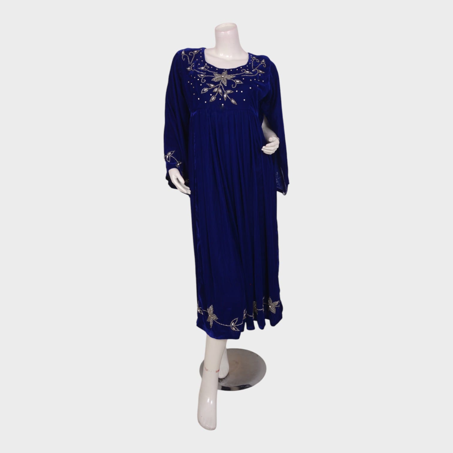 Royal Blue Velvet Afghani Dress with Silver Embroidered Floral Motifs
