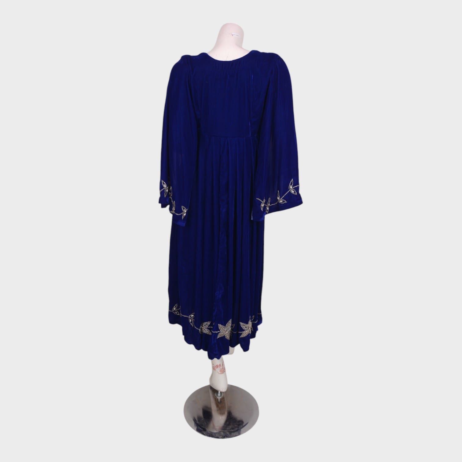 Royal Blue Velvet Afghani Dress with Silver Embroidered Floral Motifs