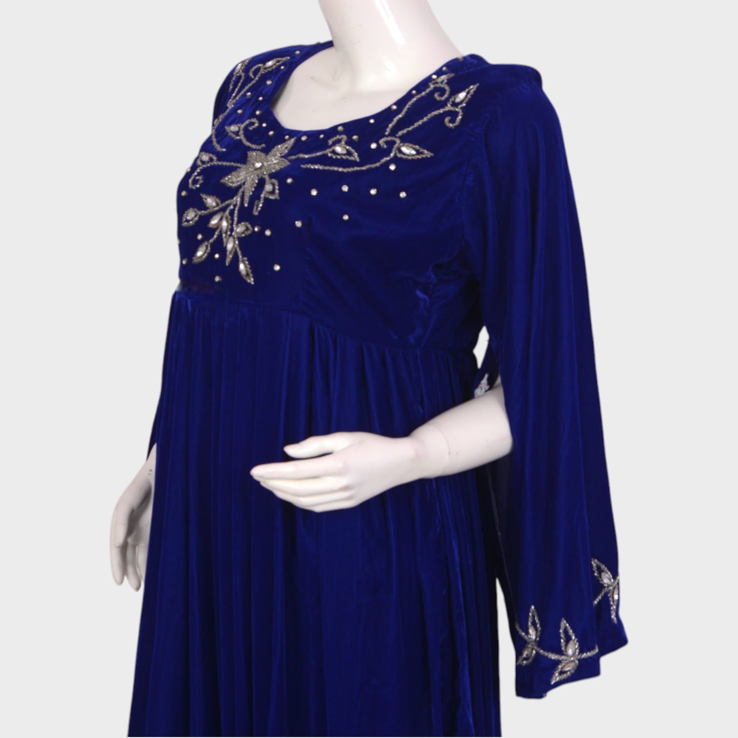 Royal Blue Velvet Afghani Dress with Silver Embroidered Floral Motifs