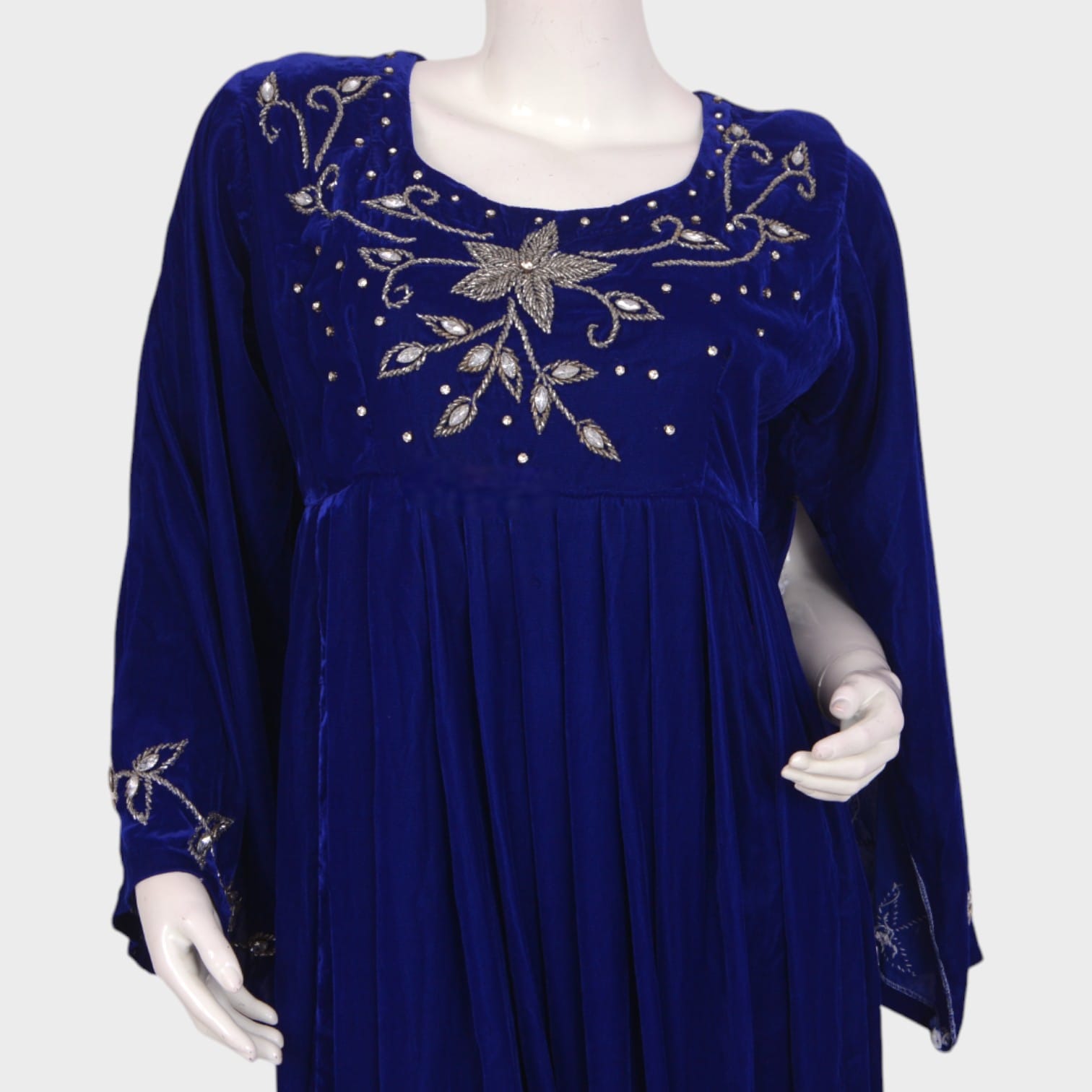 Royal Blue Velvet Afghani Dress with Silver Embroidered Floral Motifs