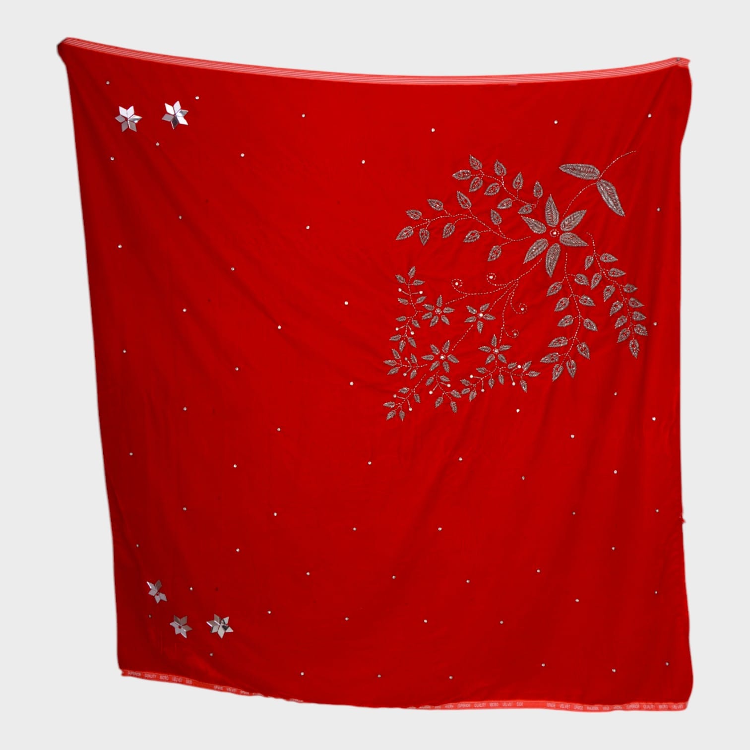 Red Afghani Shawl with Silver Floral Embroidery and Mirror Work For Ceremonies