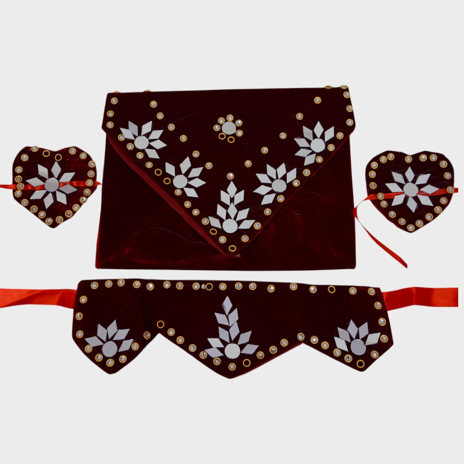 Maroon Velvet Afghani Set with Holy Quran Covering ,With  Mirror Work and Beaded Embellishments (4-Piece)
