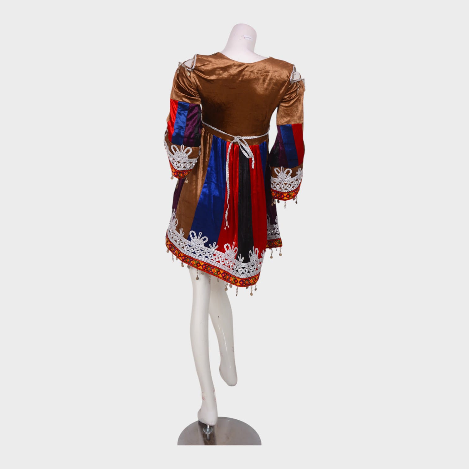 Multicolor Velvet Afghani Dress with Embroidered Hem and Coin Detailing
