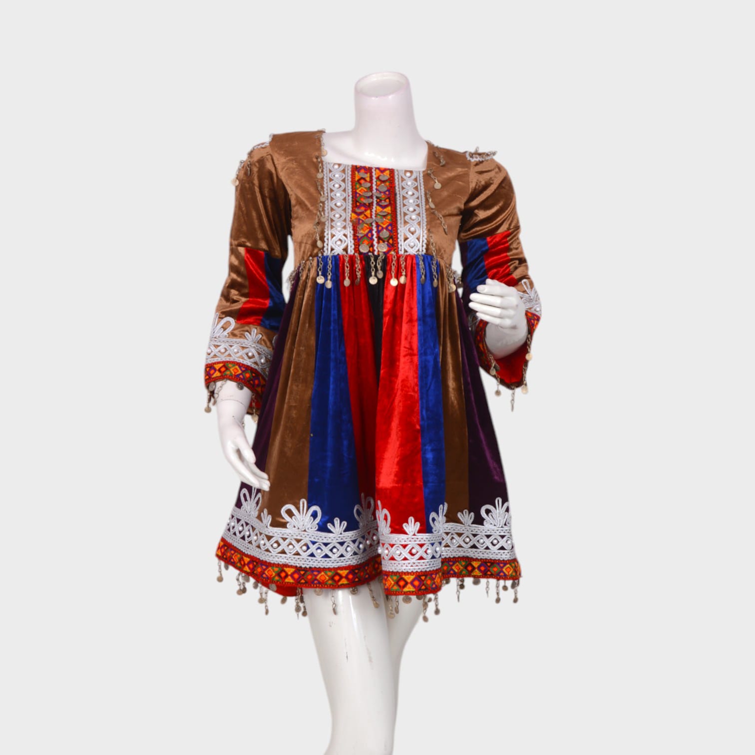 Multicolor Velvet Afghani Dress with Embroidered Hem and Coin Detailing