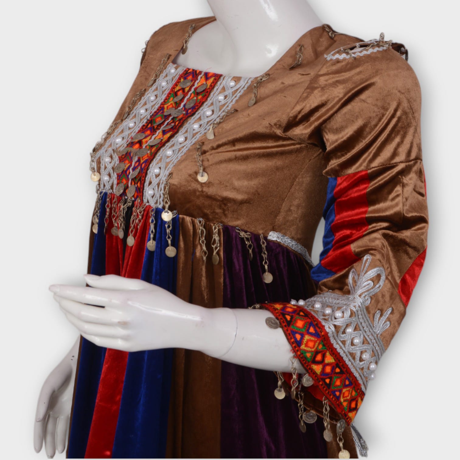 Multicolor Velvet Afghani Dress with Embroidered Hem and Coin Detailing