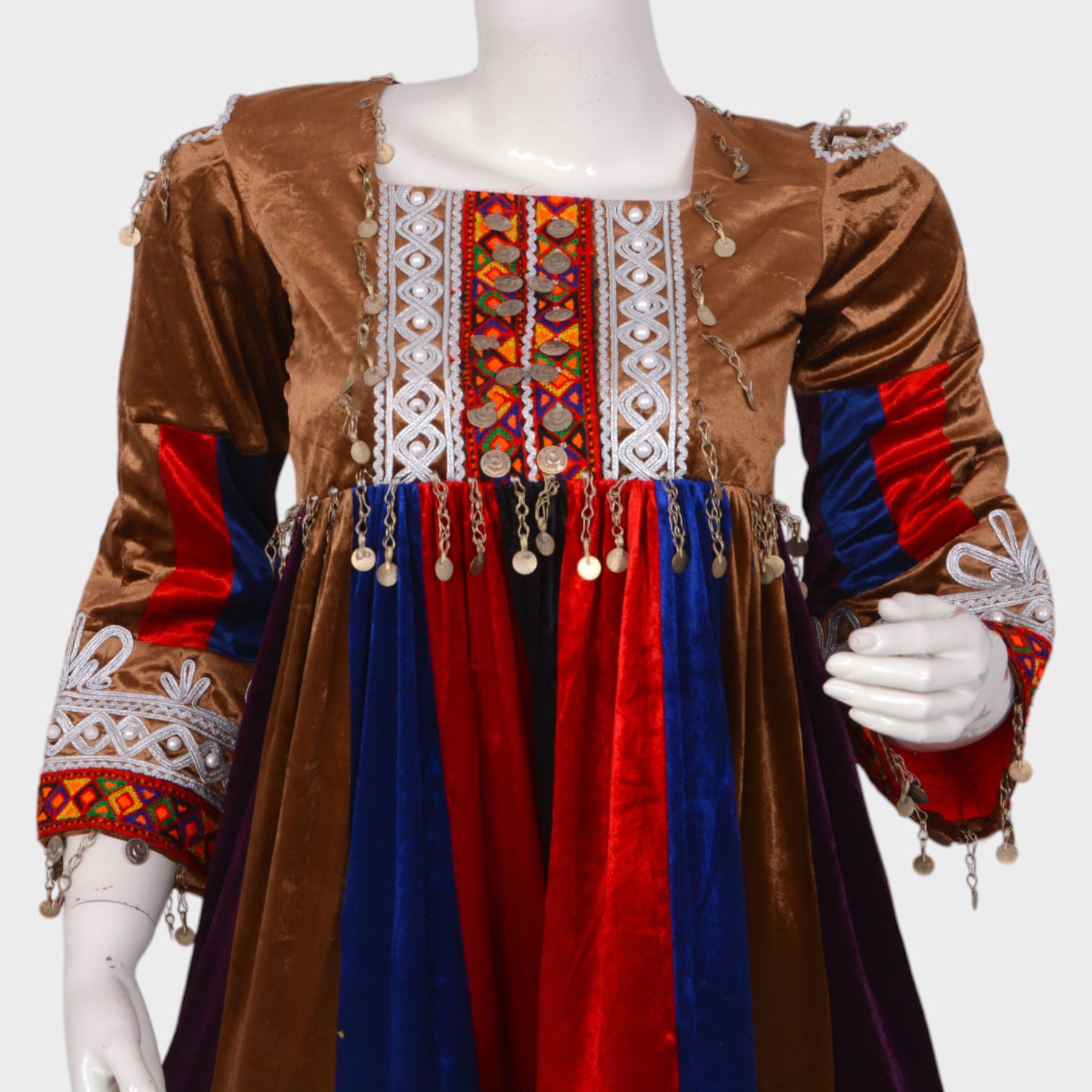 Multicolor Velvet Afghani Dress with Embroidered Hem and Coin Detailing
