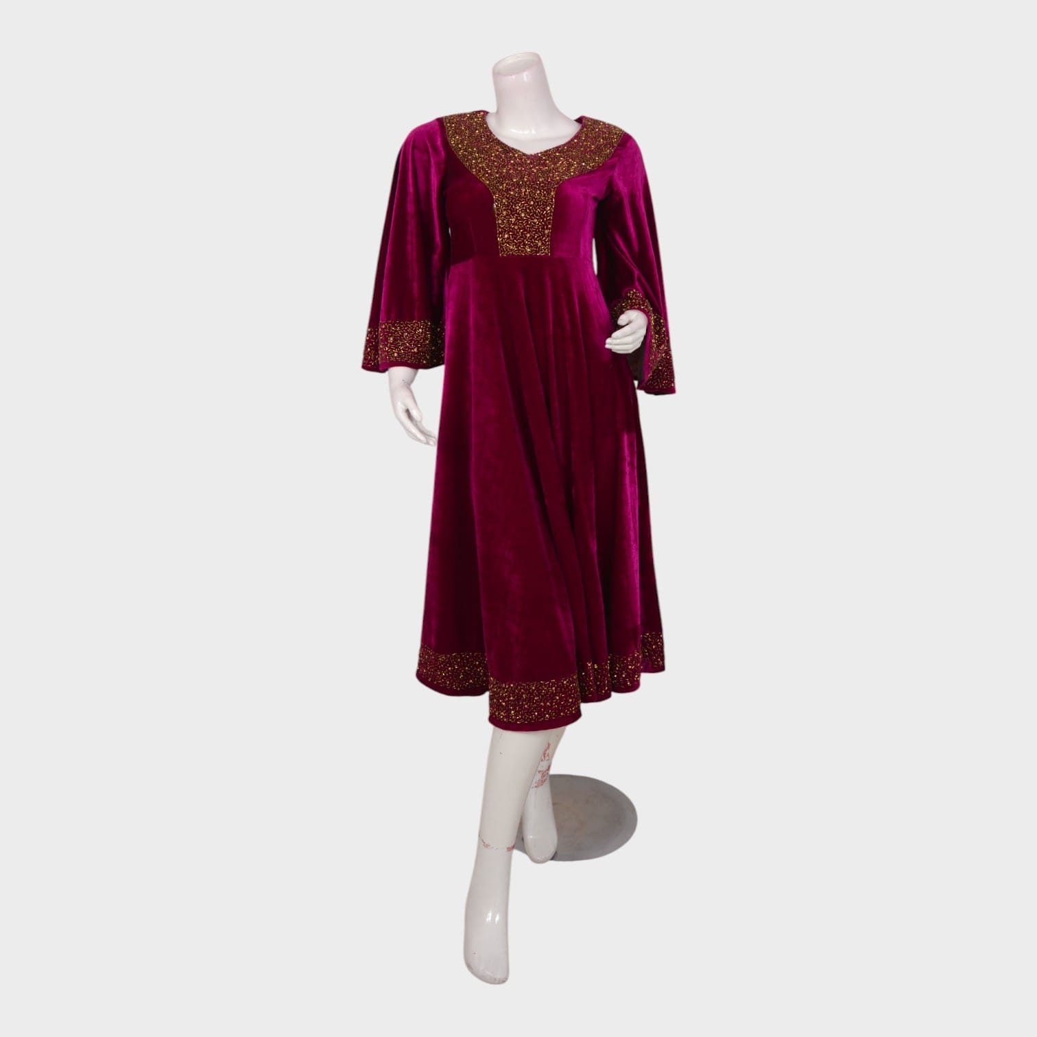 Magenta Velvet Afghani Dress with Golden Beaded Embroidery