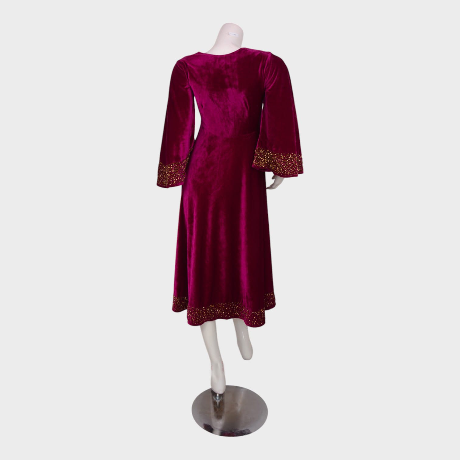 Magenta Velvet Afghani Dress with Golden Beaded Embroidery