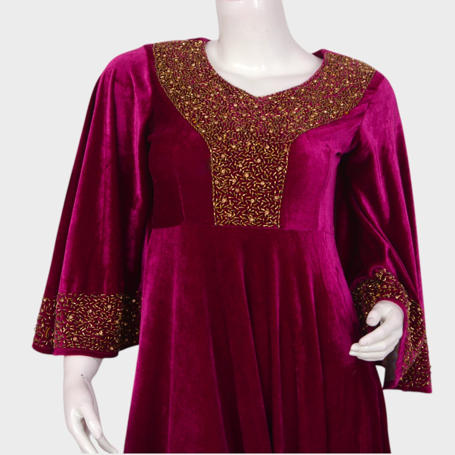 Magenta Velvet Afghani Dress with Golden Beaded Embroidery