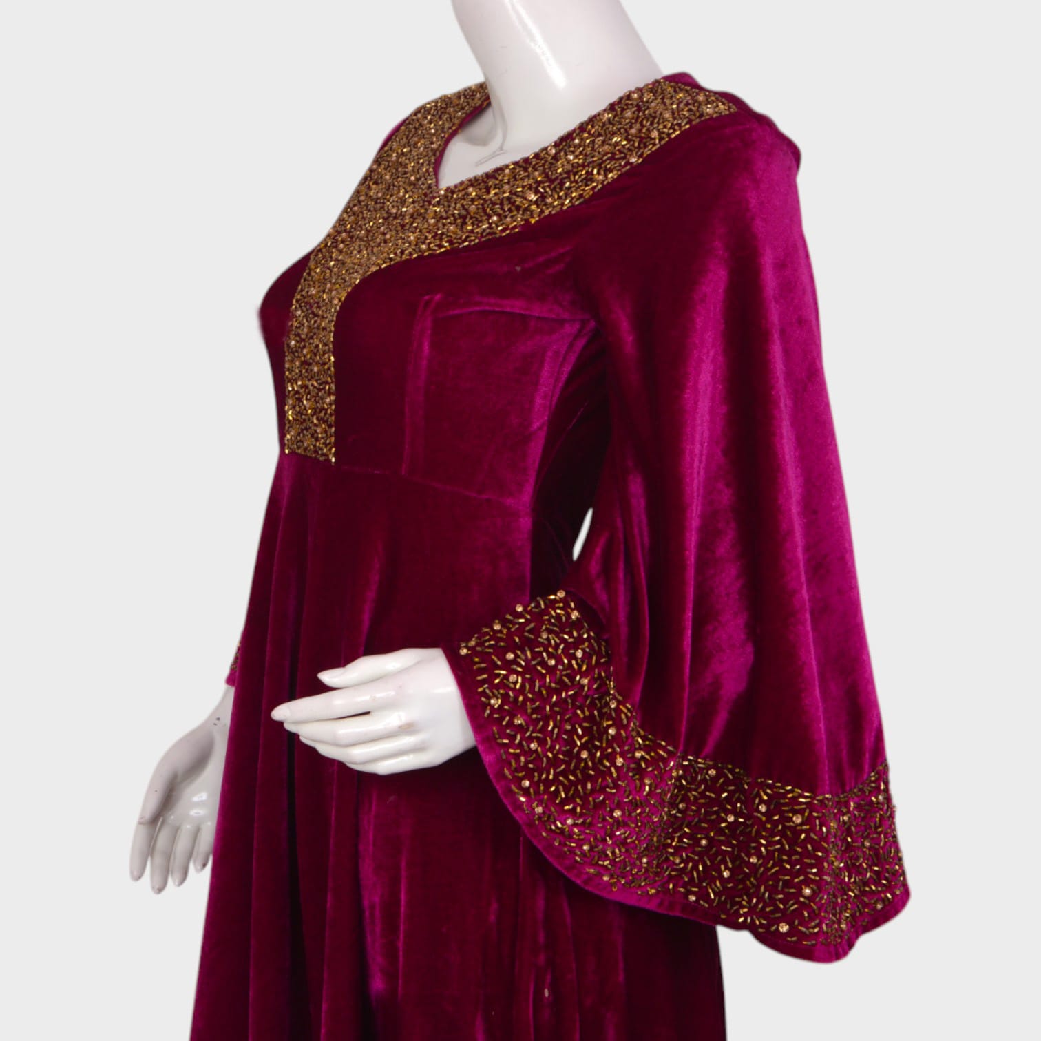 Magenta Velvet Afghani Dress with Golden Beaded Embroidery
