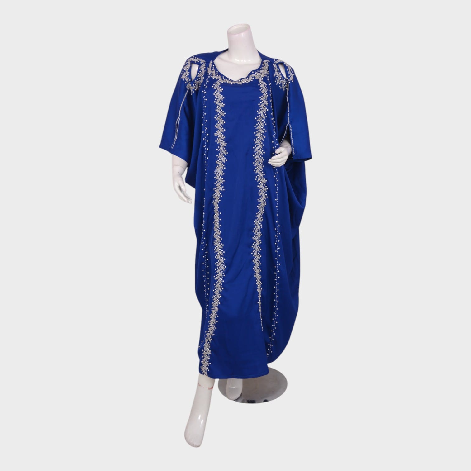 Royal Blue Kaftan-Style Afghani Dress with Silver Embroidery