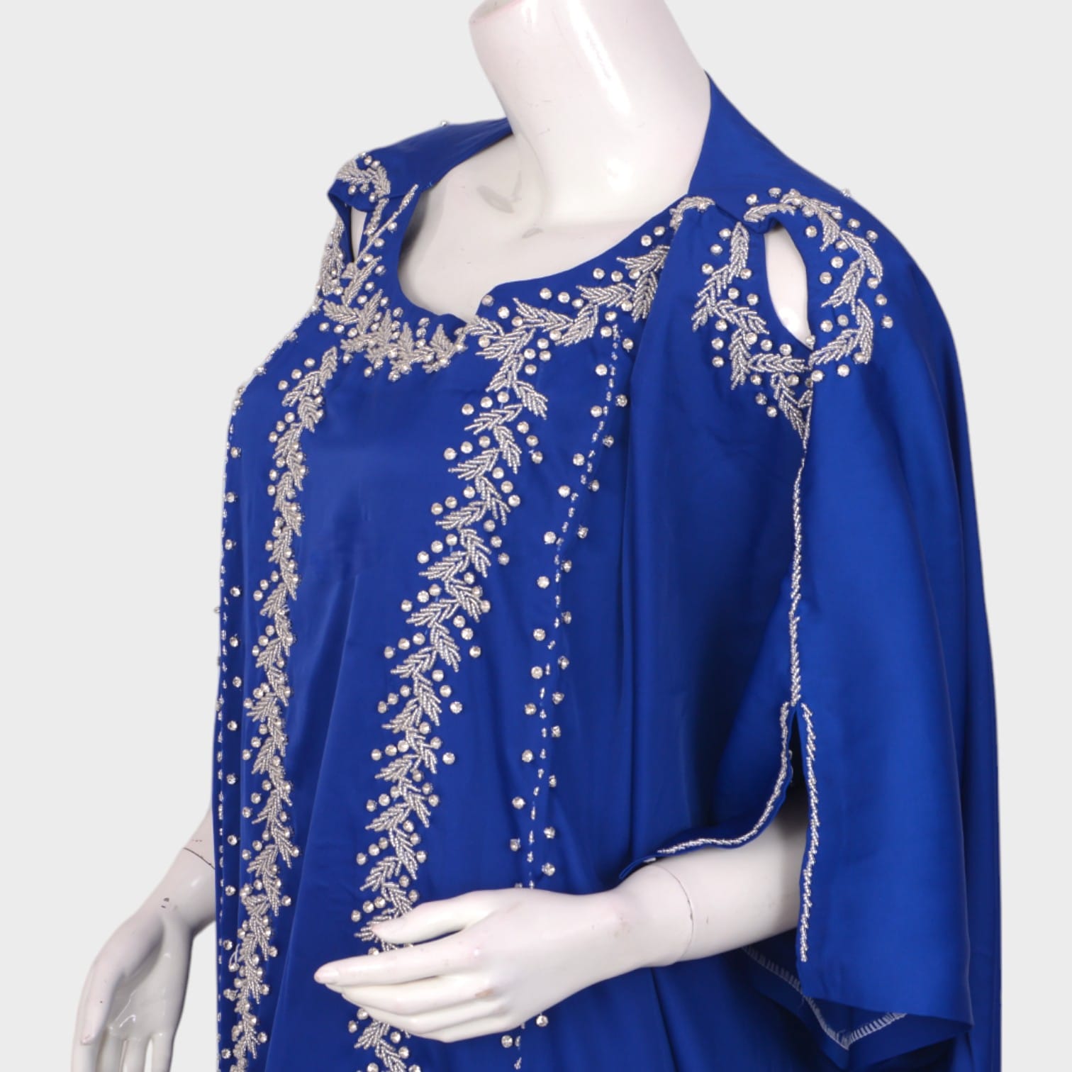 Royal Blue Kaftan-Style Afghani Dress with Silver Embroidery