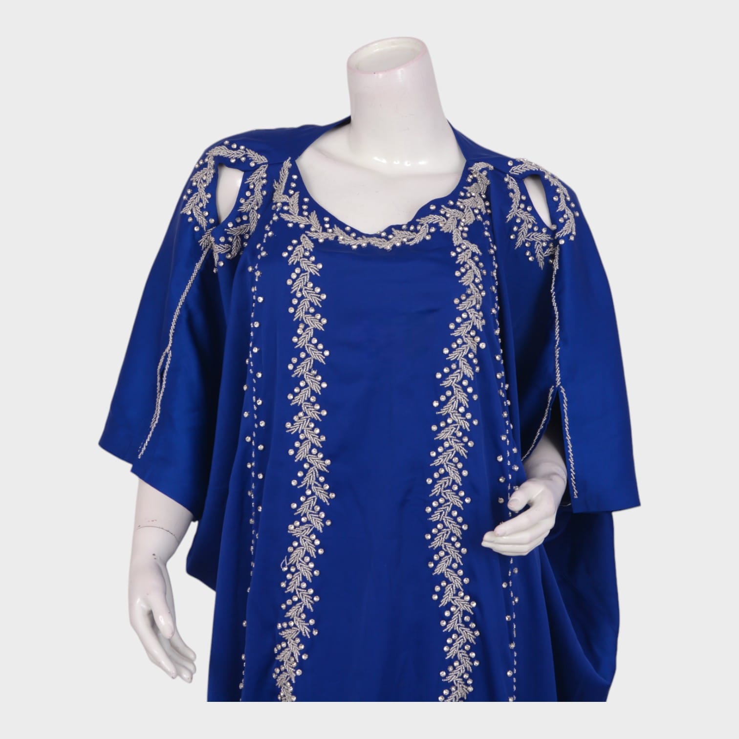 Royal Blue Kaftan-Style Afghani Dress with Silver Embroidery