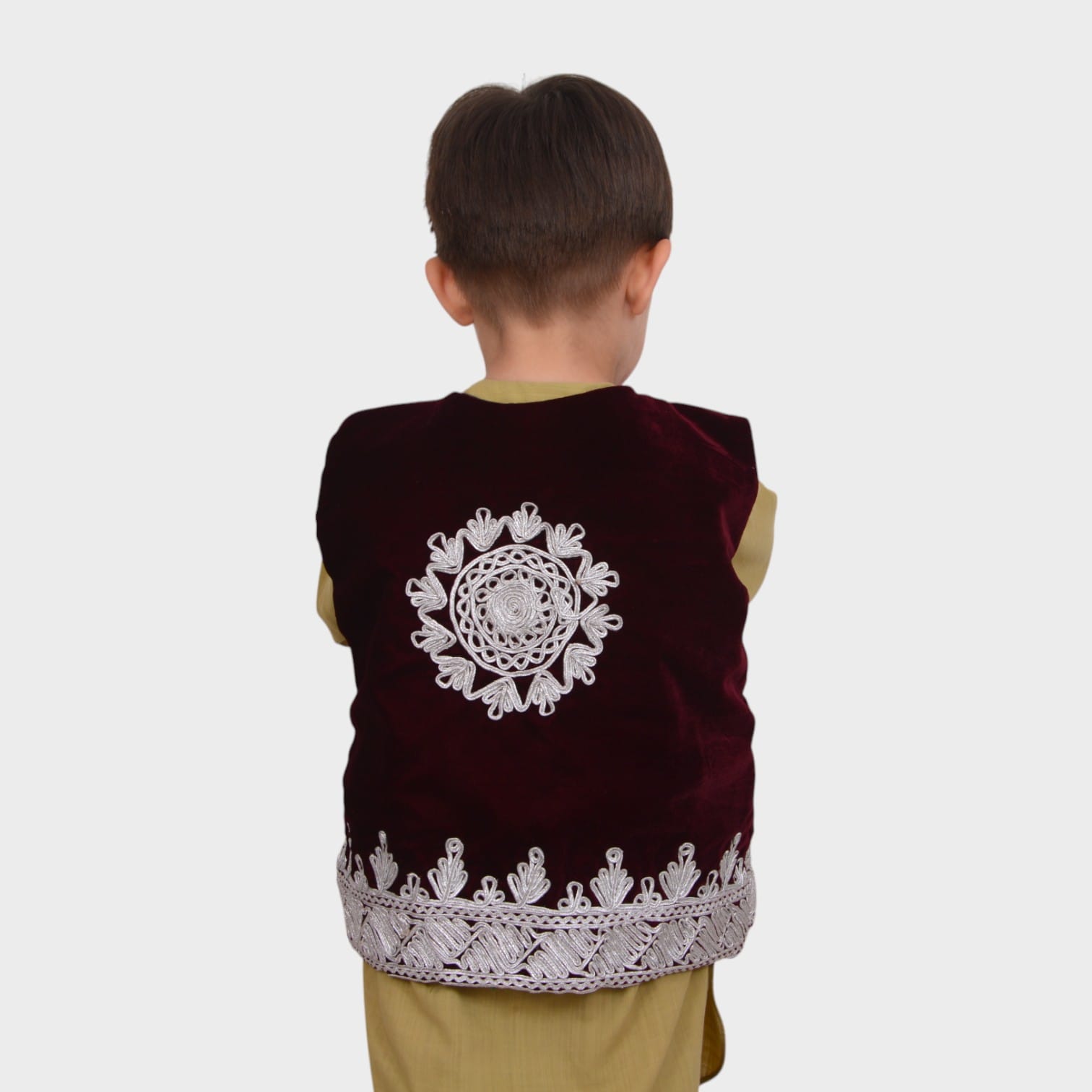 Children’s Maroon Velvet Afghani Vest with White Embroidery