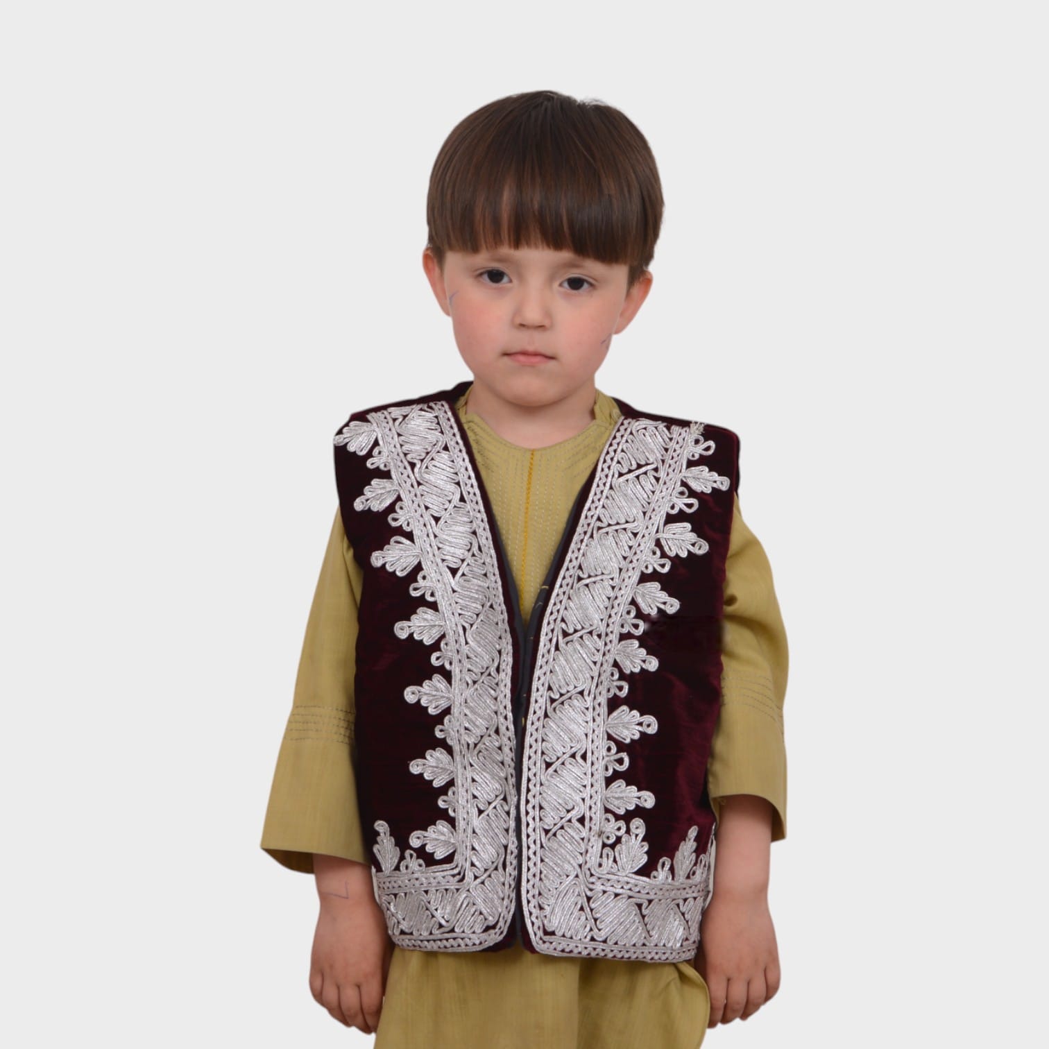 Children’s Maroon Velvet Afghani Vest with White Embroidery