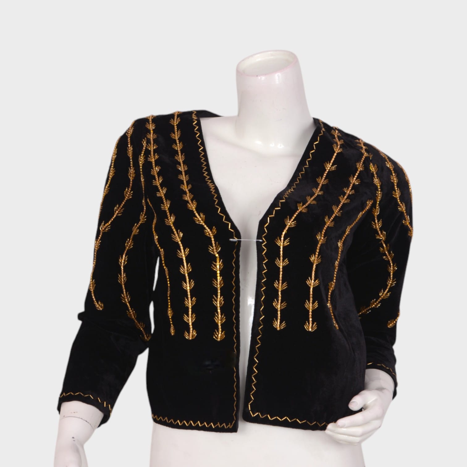 Black Velvet Afghani Jacket with Golden Hand Embroidery