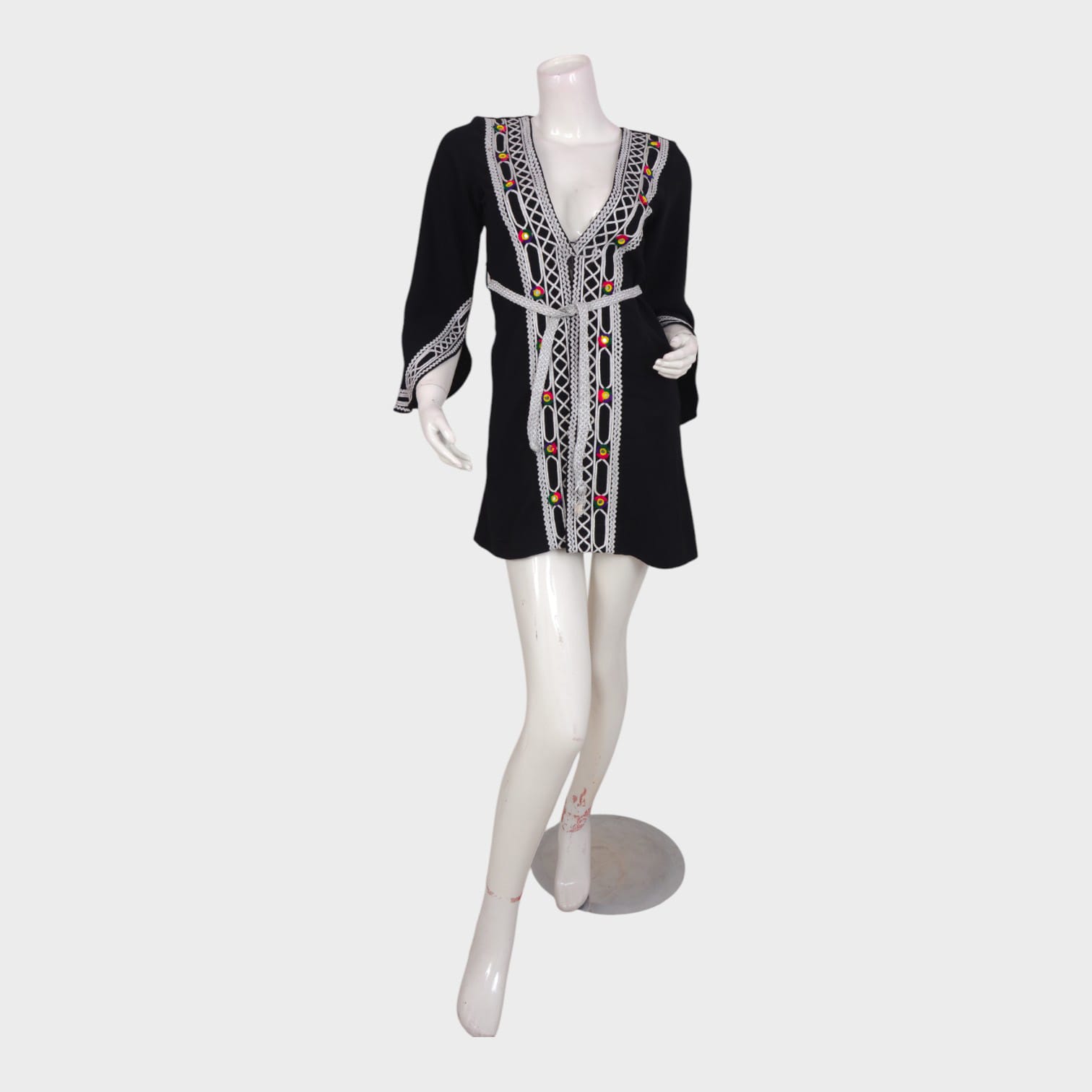 Black Mini Afghan Dress with White and Red Embroidery