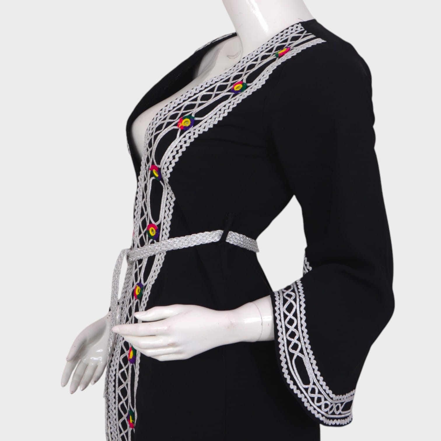 Black Mini Afghan Dress with White and Red Embroidery