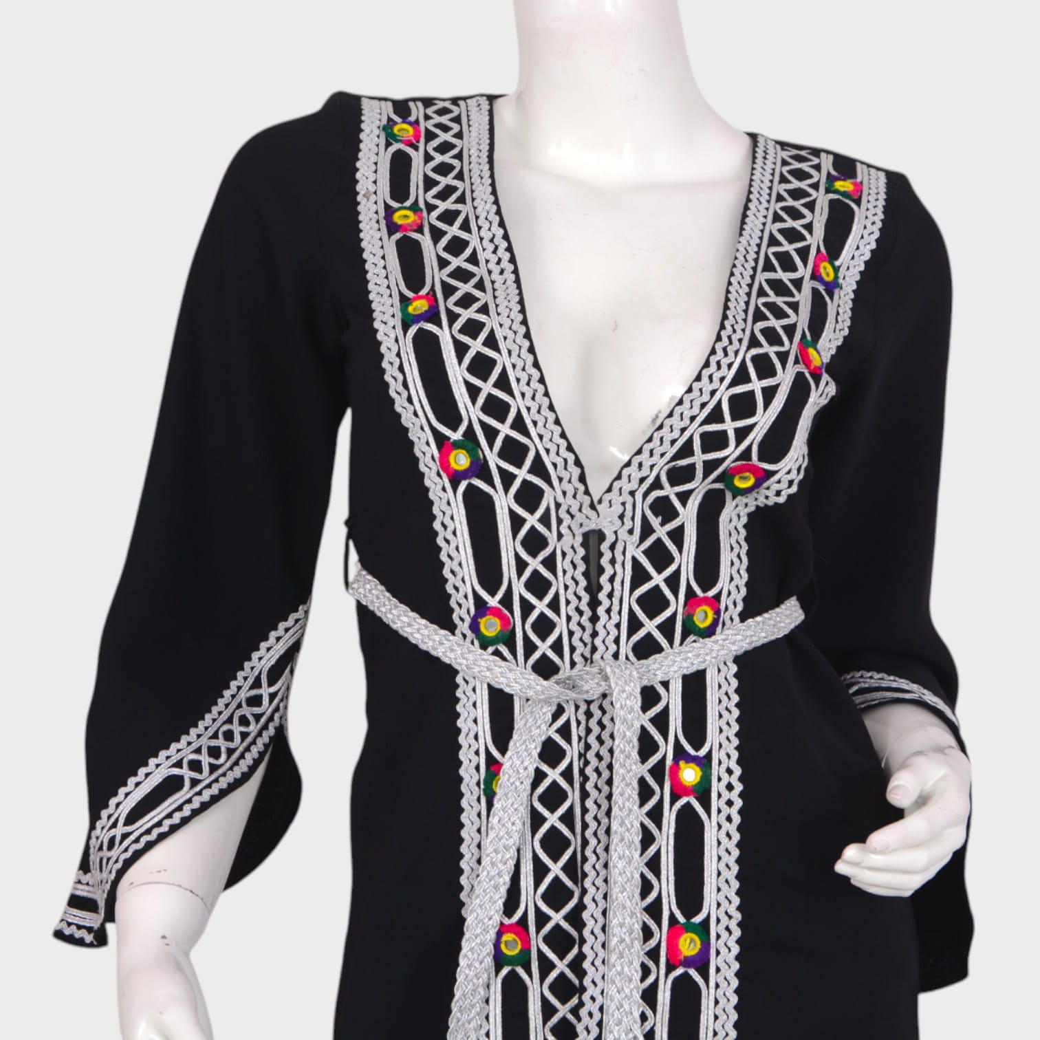 Black Mini Afghan Dress with White and Red Embroidery