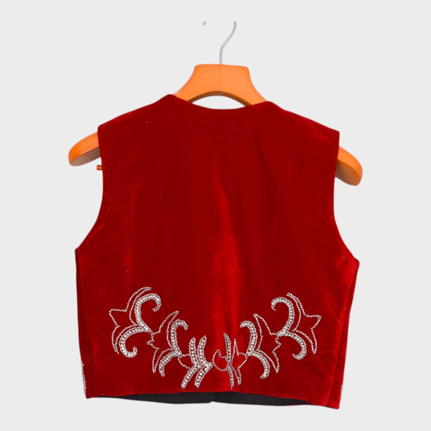 Crimson Red Velvet Afghan Vest with Silver Embroidery