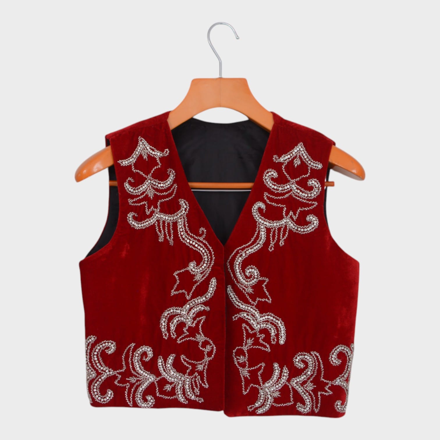 Crimson Red Velvet Afghan Vest with Silver Embroidery